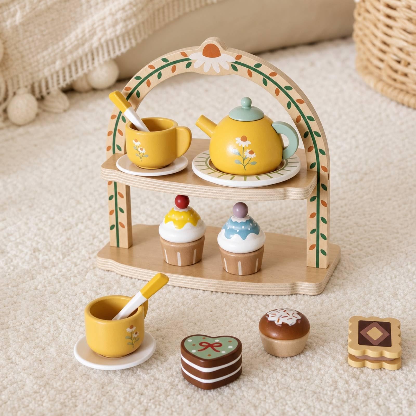 Juego Té Didáctico Juego Té con Soporte Divertido Vajilla Juguete con Postres Pequeños para Niños