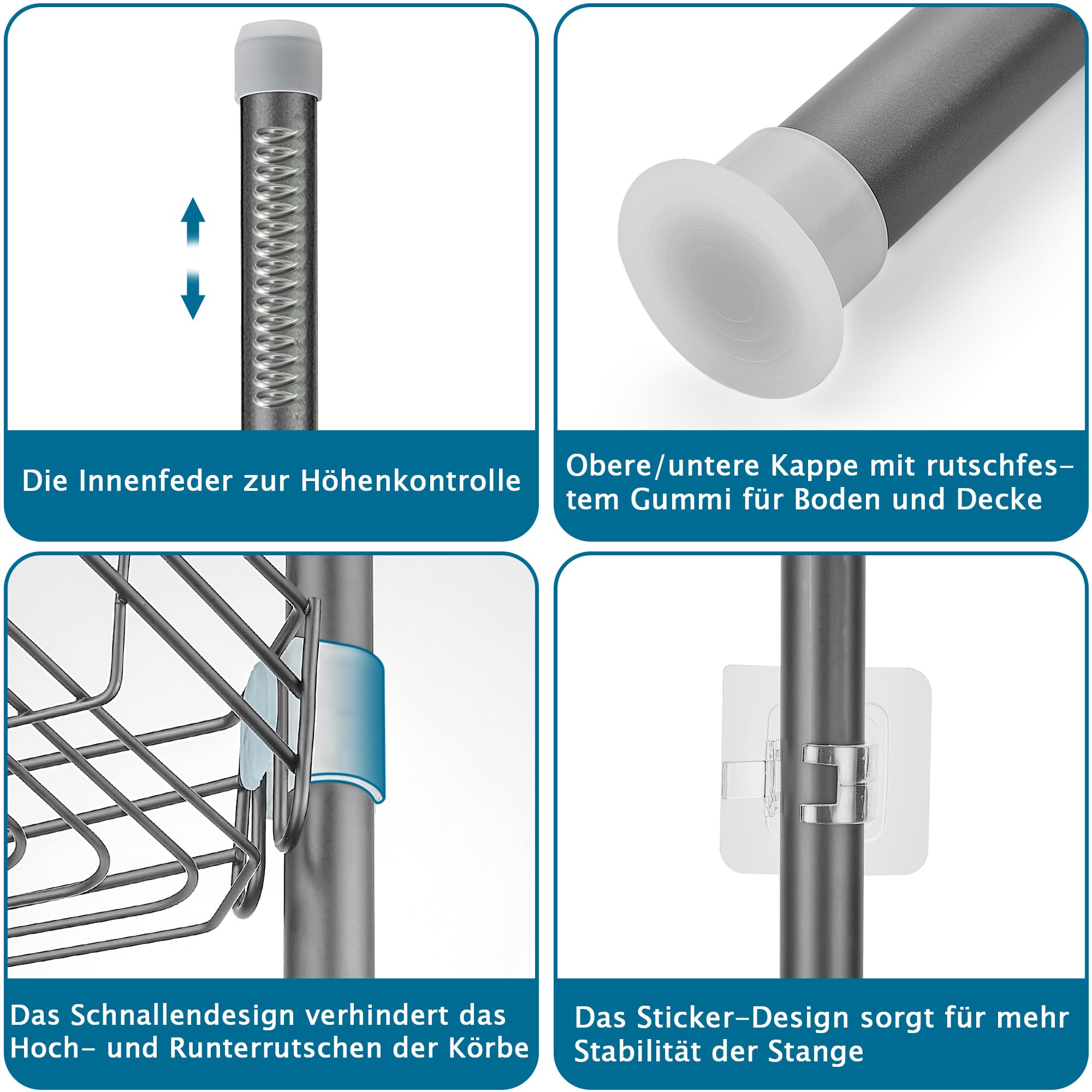 Duschablage ohne Bohren Teleskop Duschregal Metall Eckregal Badregal mit 4 Duschkörben, Höhenverstellbar 85-325cm, geeignet für Badewanne Badezimmer und Küche, Grau