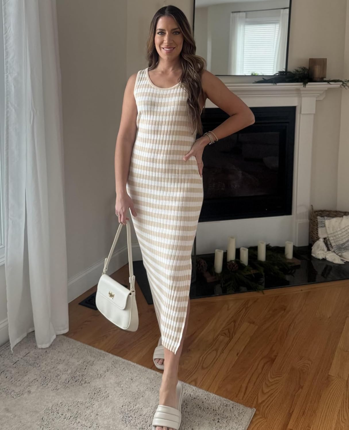 Zeagoo Women's Spring Summer Casual Dress Bodycon Midi Sleeveless Striped Knit Maternity Tank Sweater Dresses with Side Slit - Image 4