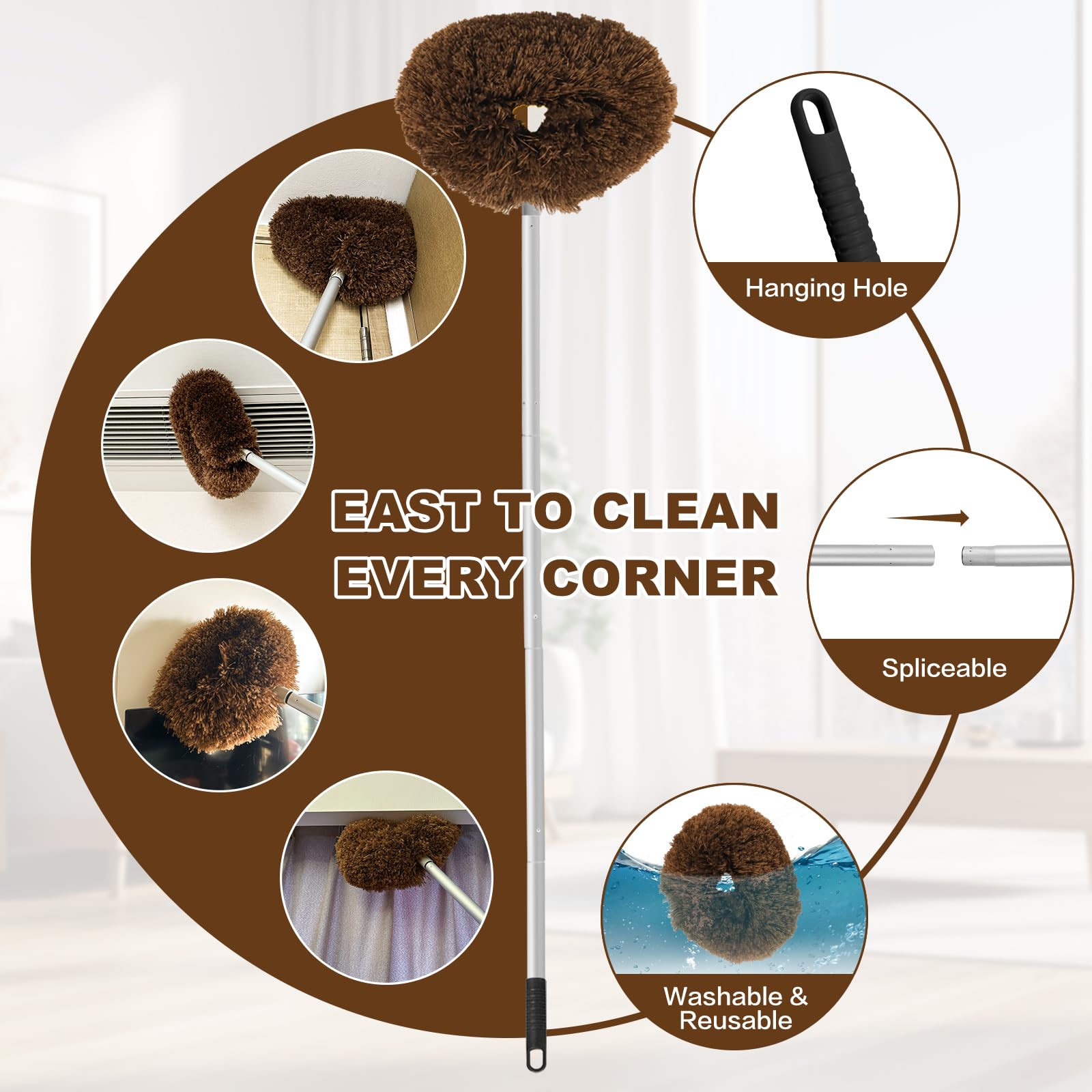 Harlier Ceiling Fan Duster With Extension Pole, Long Duster Handle Reusable Microfiber Ceiling Fan Blade Cleaner, Removable Duster For Cleaning Walls Bookshelves Furniture Door Window