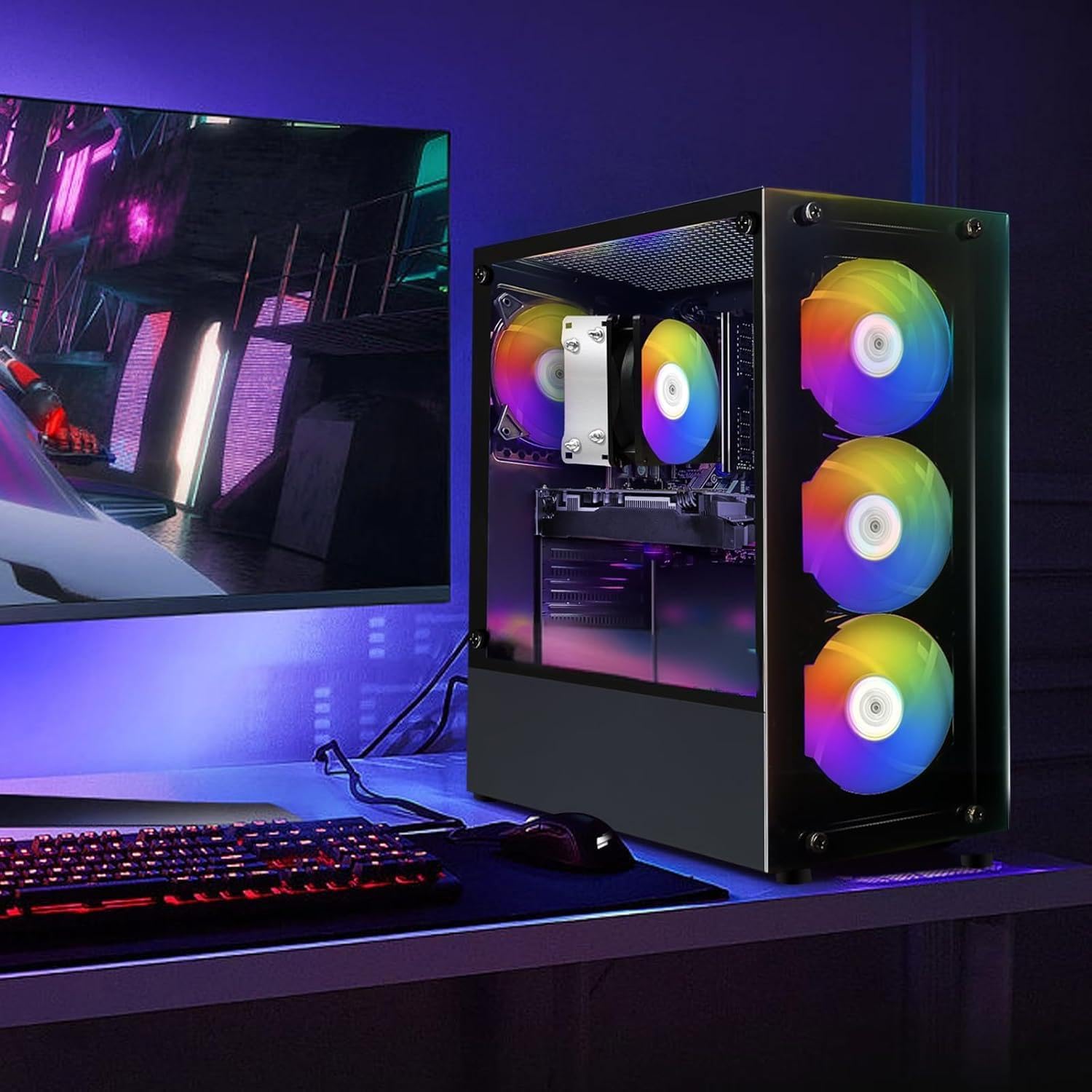 STGAubron Computer desktop per PC da gioco, GeForce RTX 2060 6G, AMD Ryzen 5 2600 fino a 3,9 G, 16G DDR4, 512G SSD, 600M WiFi, BT 5.0, ventola RGB x6, Windows 11 Home