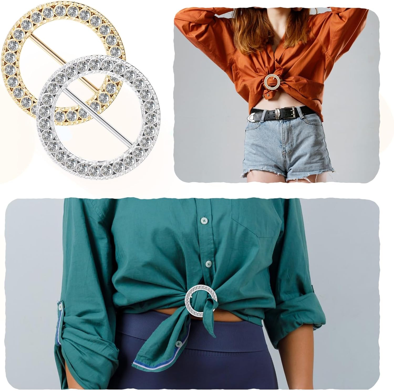 KALIONE Rhinestones T Shirt Clips, 4 Pieces Shirt Clips for Women Clothing Twist Knot Waist Buckles Alloy Circle Silk Scarf Decorative Pins Round Shirts Ties Buckles for Women Girls - Image 5