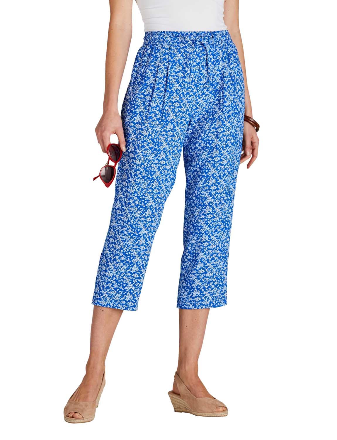 Chums Ladies Viscose Crop Print Trousers, Lightweight 21" Cropped Summer Trousers with Elasticated Drawcord Waist & Pockets, Stylish Printed Cornflower Blue 18