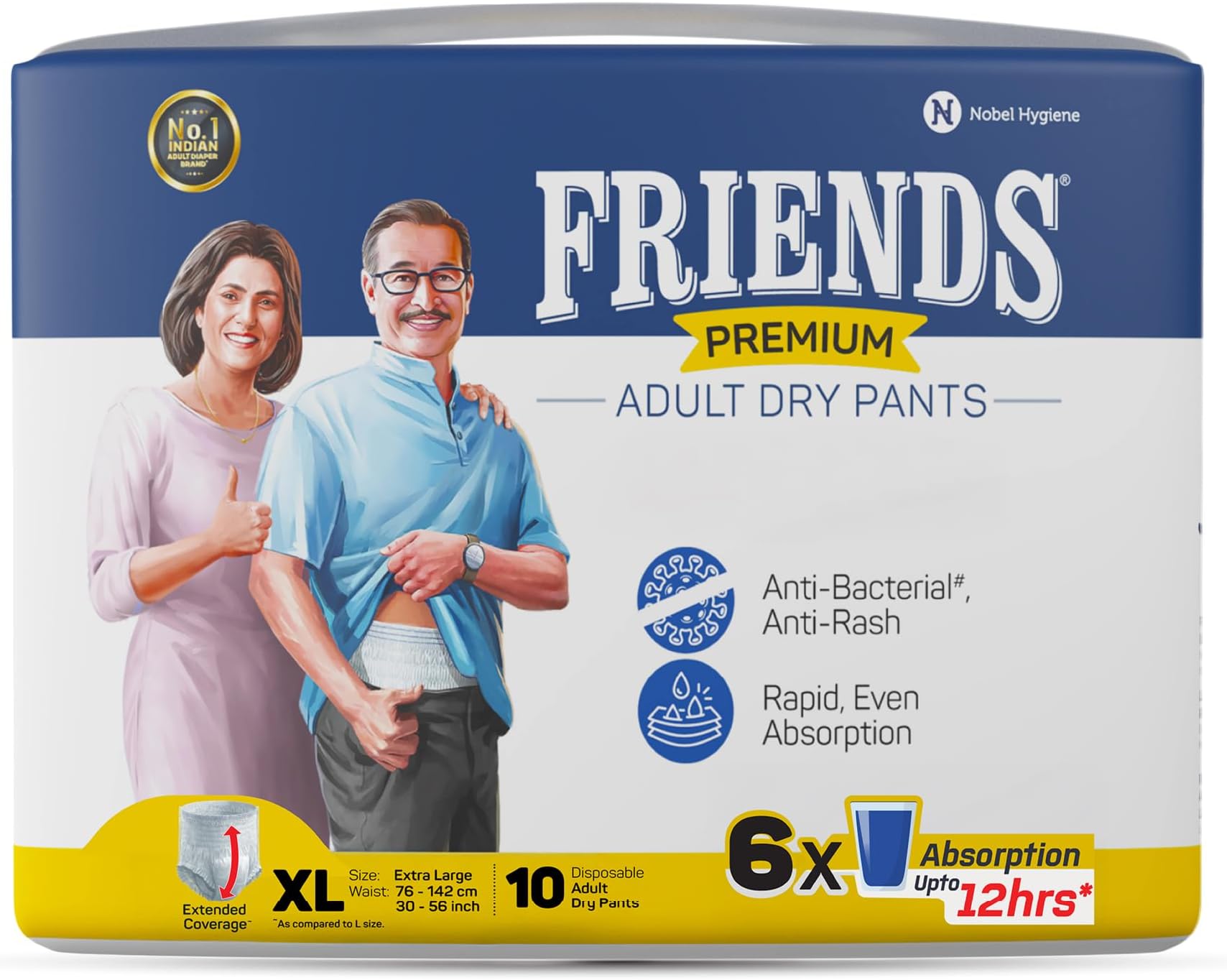 Premium Adult Diaper XL Size Pants | 10 Count (Extra Large) | Waist 30-56 inch |12 Hrs Protection | Leakproof | Quick & Even Absorption | Unisex| Wetness Indicator | Odour Lock | Superior Softness | Elastic Waist & Anti-Bacterial Absorbent Core