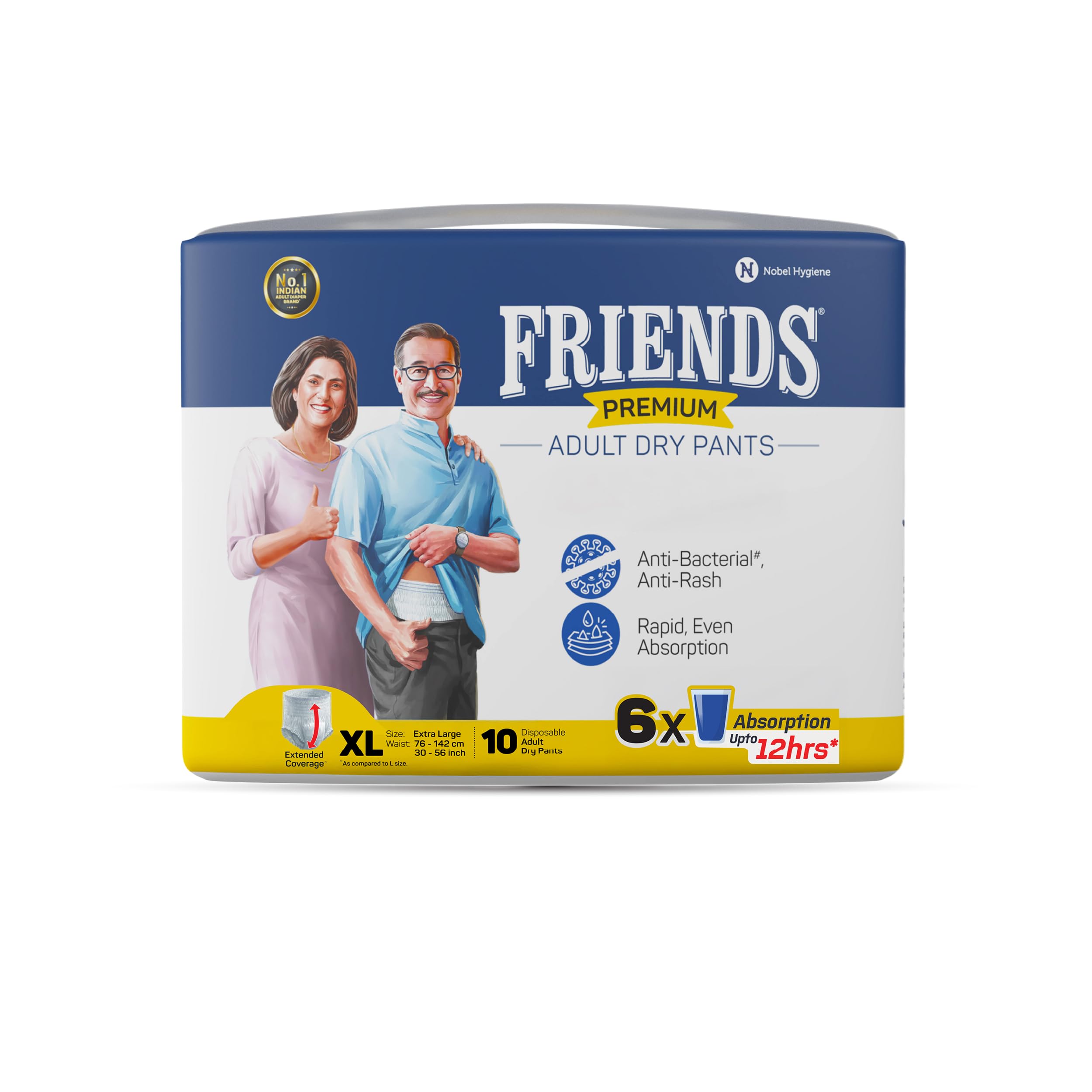 Friends Premium Adult Diapers Pants Style - 10 Count (Extra Large) with odour lock, Unisex, Leakproof, Elastic Waist and Anti-Bacterial Absorbent Core - Waist Size 30-56 inch; 76-142 cm