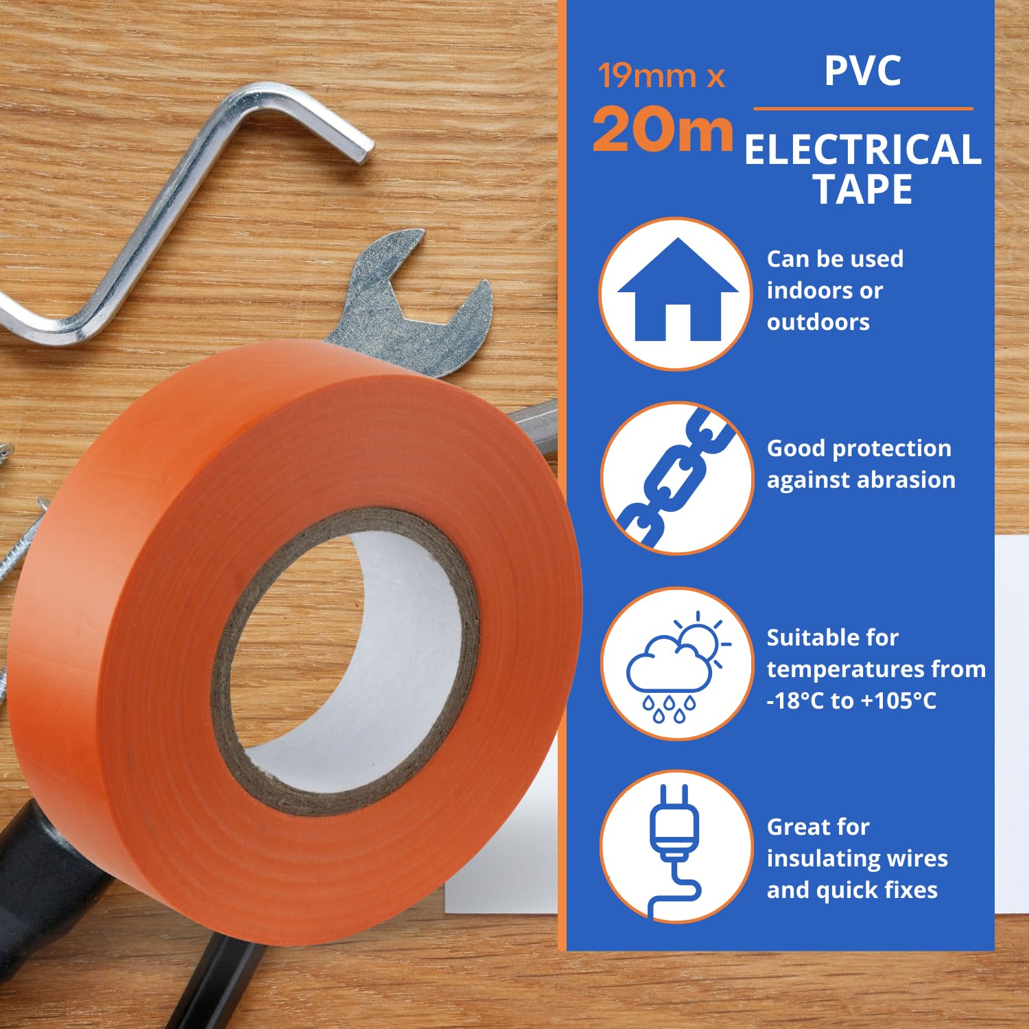 Nastro Isolante Elettrico Arancione - 19mm X 20m, PVC Per Isolamento Cavi