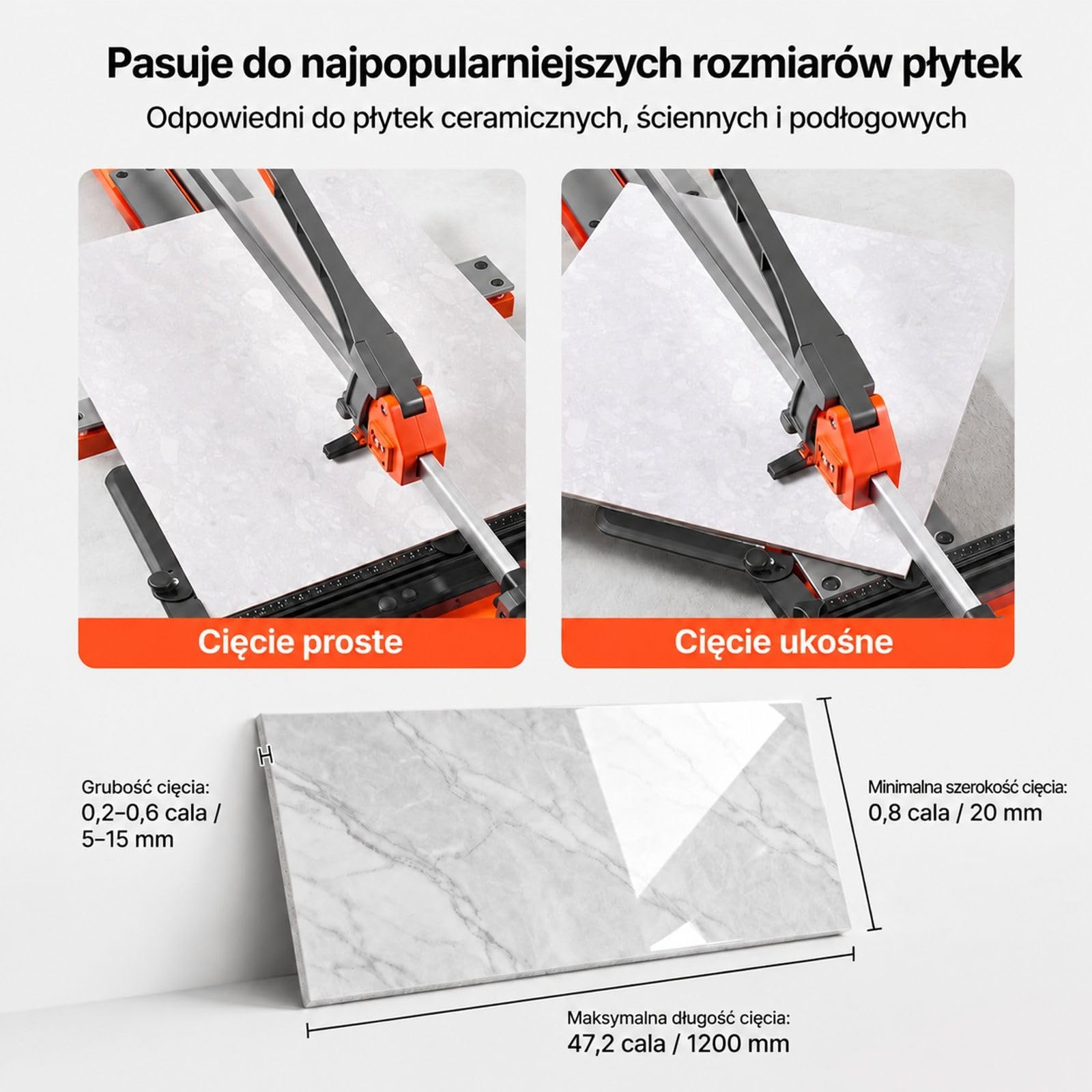 Przecinarka do płytek ze sprężynową podstawą, regulowanym ogranicznikiem kąta, kołem z węglika wolframu, stalowym korpusem, pomarańczowa