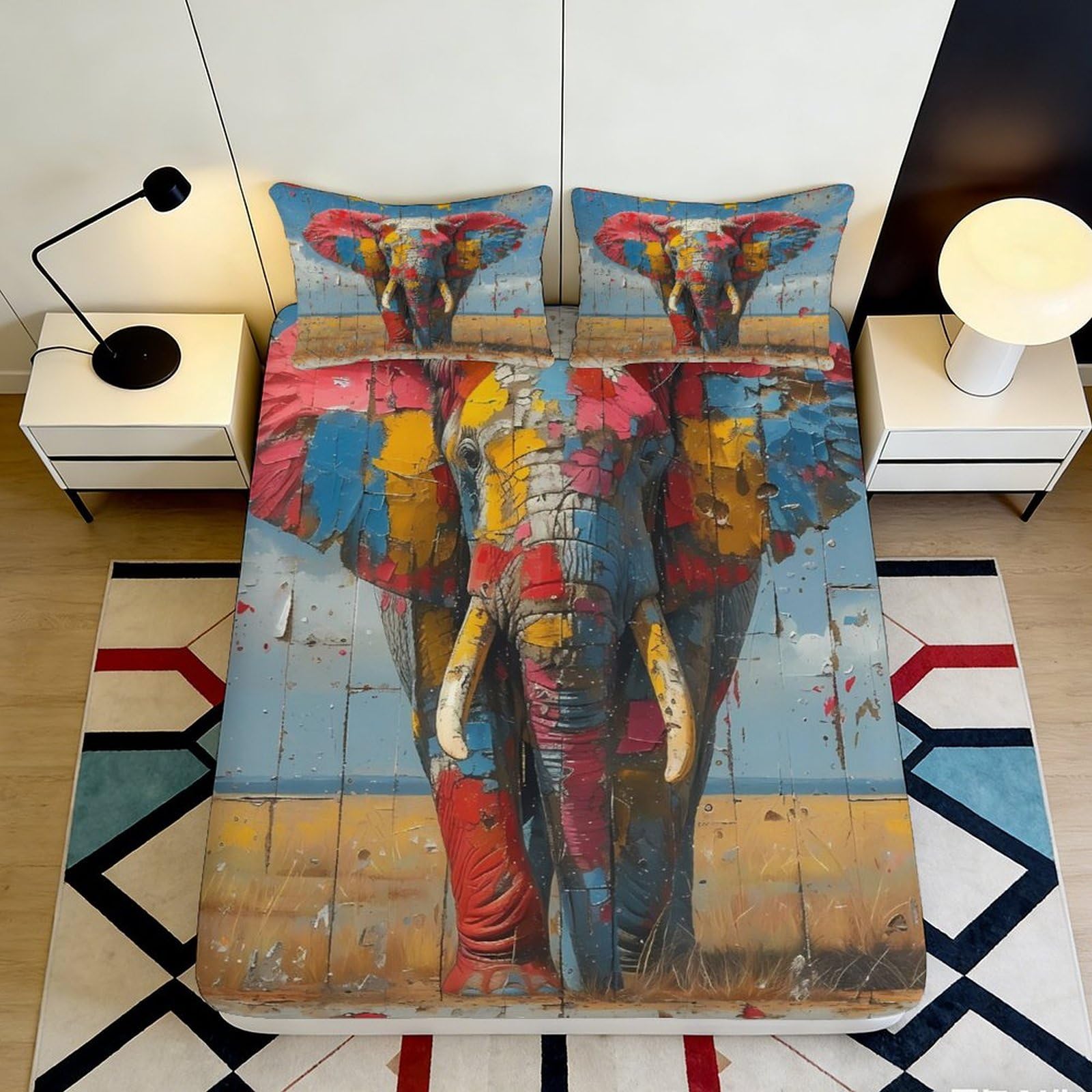 3D Printed Colorful Elephant Fitted Sheet Microfiber Soft Artistic Abstract Animal Bed Cover for Bedroom Guestroom 90x200x25cm