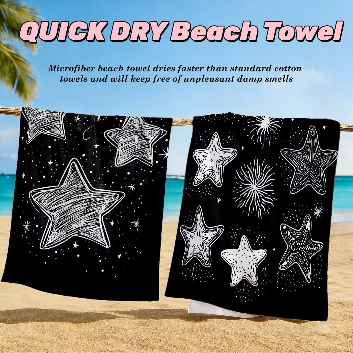 Serviette de Plage XXL 70x140 cm, Lot de 2 Serviette de Bain Microfibre, Anti Sable Serviettes Plage, Séchage Rapide Drap de Bain pour Homme Femme, Portable Fine Serviettes pour Fitness (Étoile) -4709