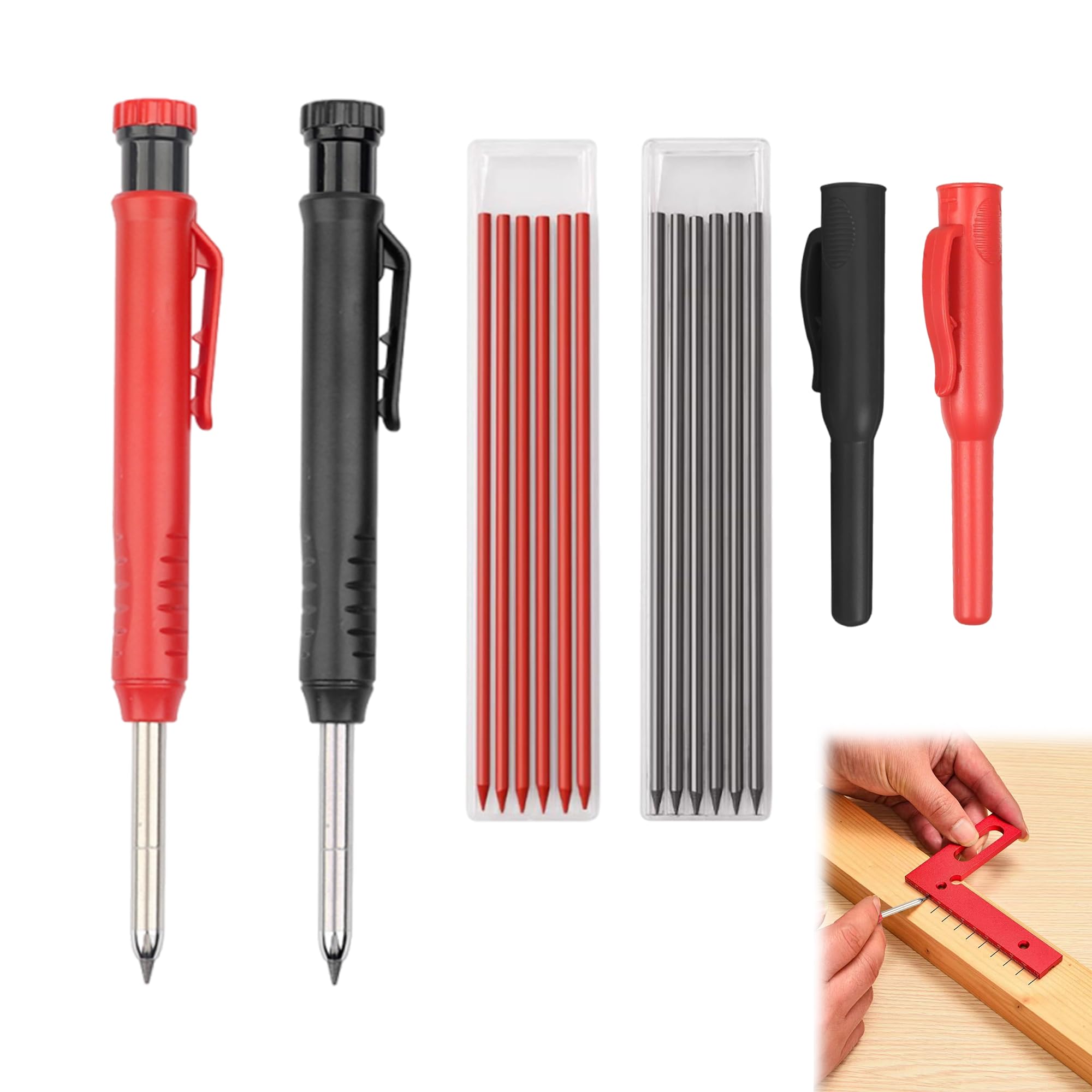 2Pcs Mechanical Carpenters Pencil with Cap & 12 Refills, 45mm, 2 Colors