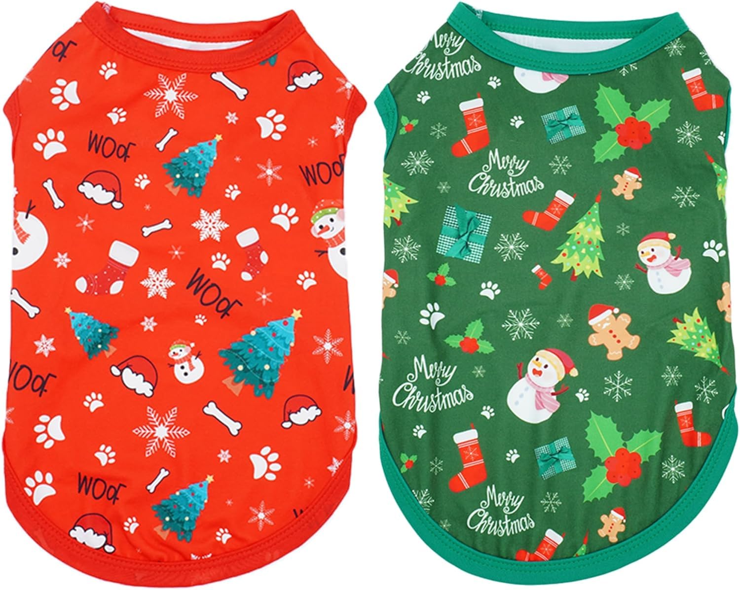 JpGdn 2pcs/Pack Christmas Dog Shirts Sleeveless Vest for Medium Dog Red Green Vest Light Soft Breathable Outfit Paw Print Snowman Christmas Tree Merry Boy and Girl M
