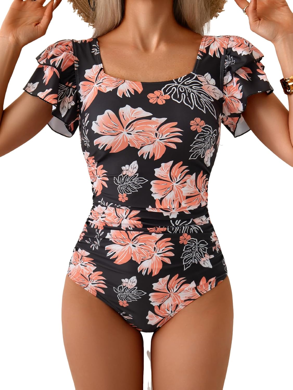 Eomenie Women's Tummy Control One Piece Swimsuit Ruffle Square Neck Bathing Suit Ruched Cutout Back Slimming Swimwear
