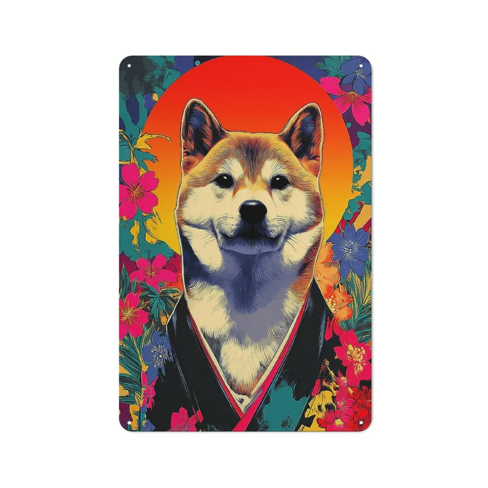 Vibrant Floral Shiba Inu Portrait Cottage Metal Wall Decor 30x20cm, Shed Metal Sign for Conservatory, Home Bar Or Utility Room
