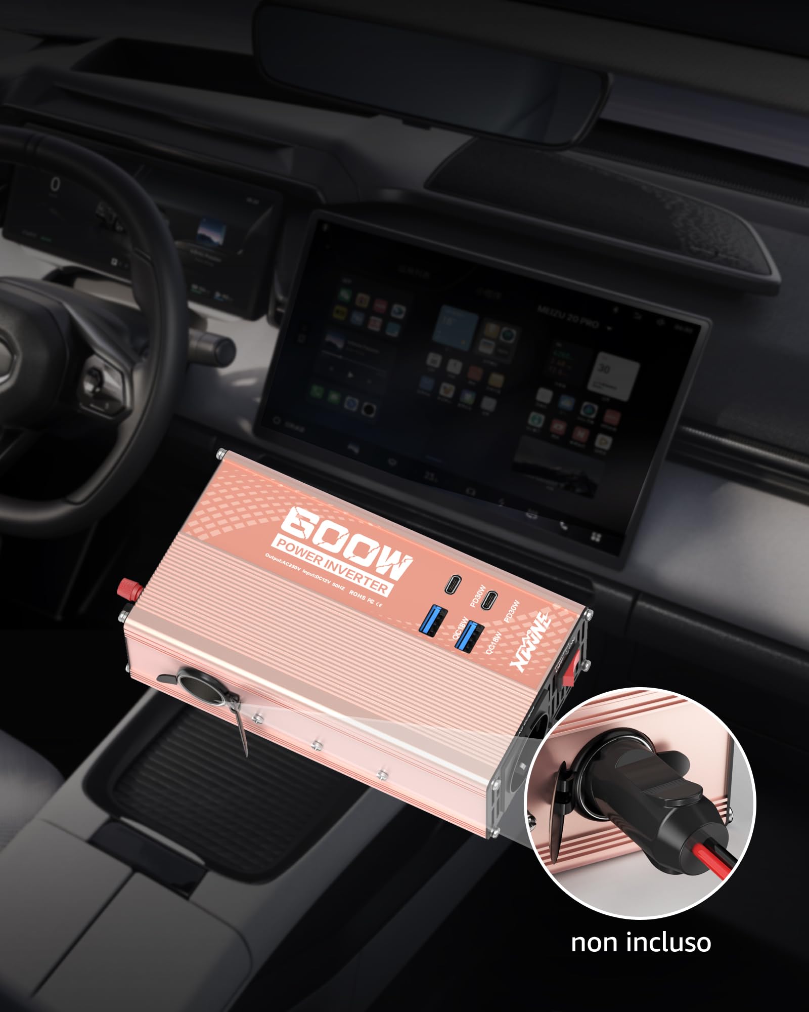 XWJNE 600W Inverter 12V 220V, Invertitore di Tensione con 1 Presa AC EU, 2 USB-A, 2 USB-C, Convertitore Onda Modificata Include Cavo Accendisigari e Pinze a Coccodrillo, per Auto, Camper, Viaggi