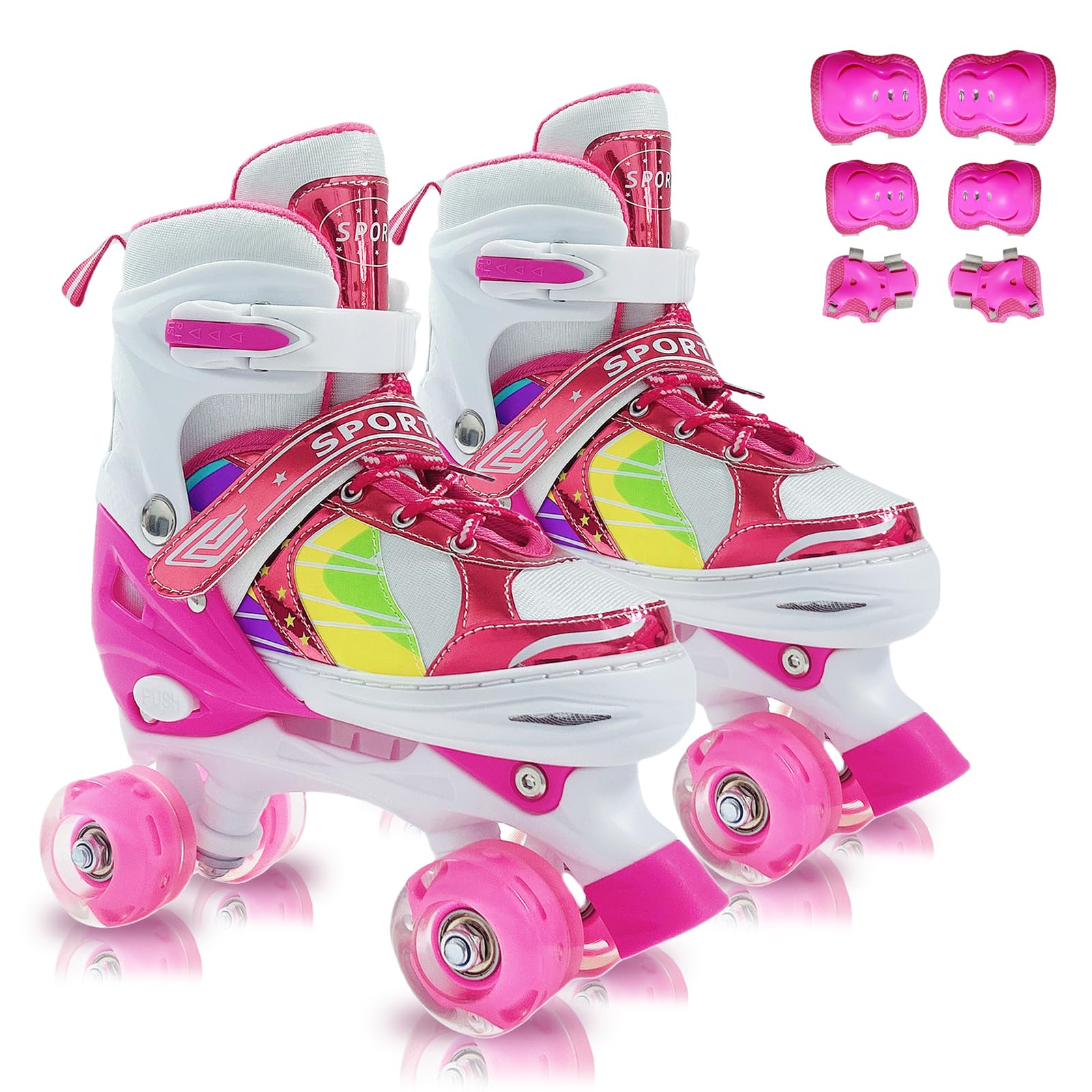 Roller Skates, Adjustable Light up Roller Skates Kids for Girls Boys Ages 3-5 5-8 8-12, Kids Skates with Protective Gear Set Gift for Indoor & Outdoor(Dark Pink, Medium -Big Kid (13C-3))
