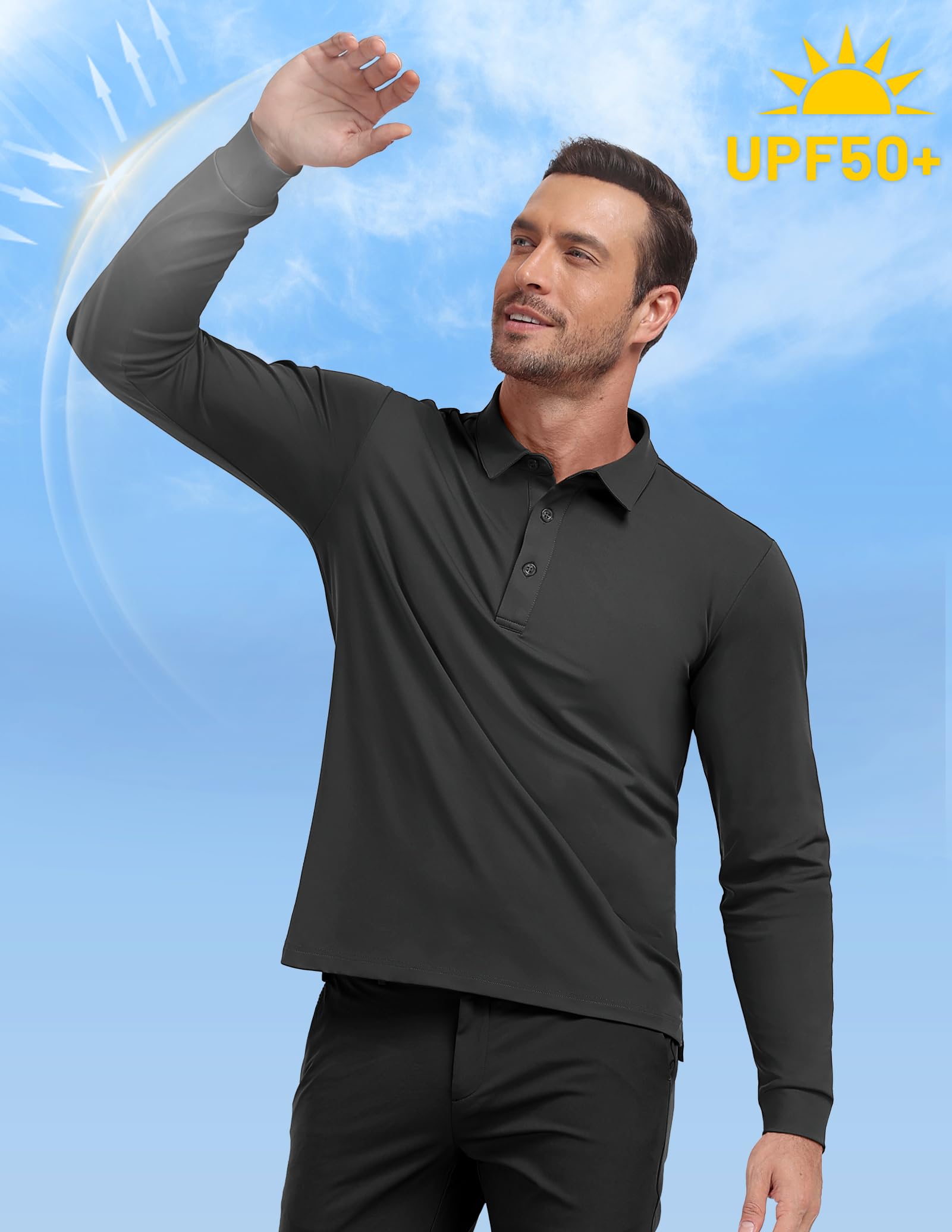 MIER Poloshirts für Herren, langärmelig, trockene Passform, Golf, athletisch, Arbeitshemd mit Kragen und UV-Schutz LSF Sonnenschutz (inhärent UPF 50+)