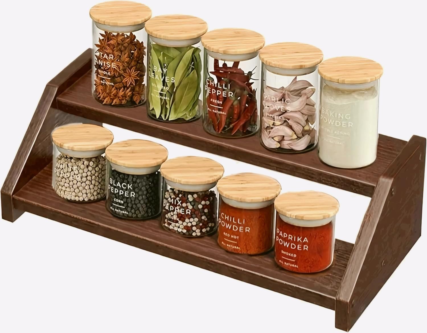 Dime Store Engineered Wood Spice Rack Kitchen Organizer Rack – 2-Tier Handmade Masala Rack for Kitchen Countertop Spice Holder for Jars, Condiments & Seasonings Space-Saving Kitchen Organizer (Brown)