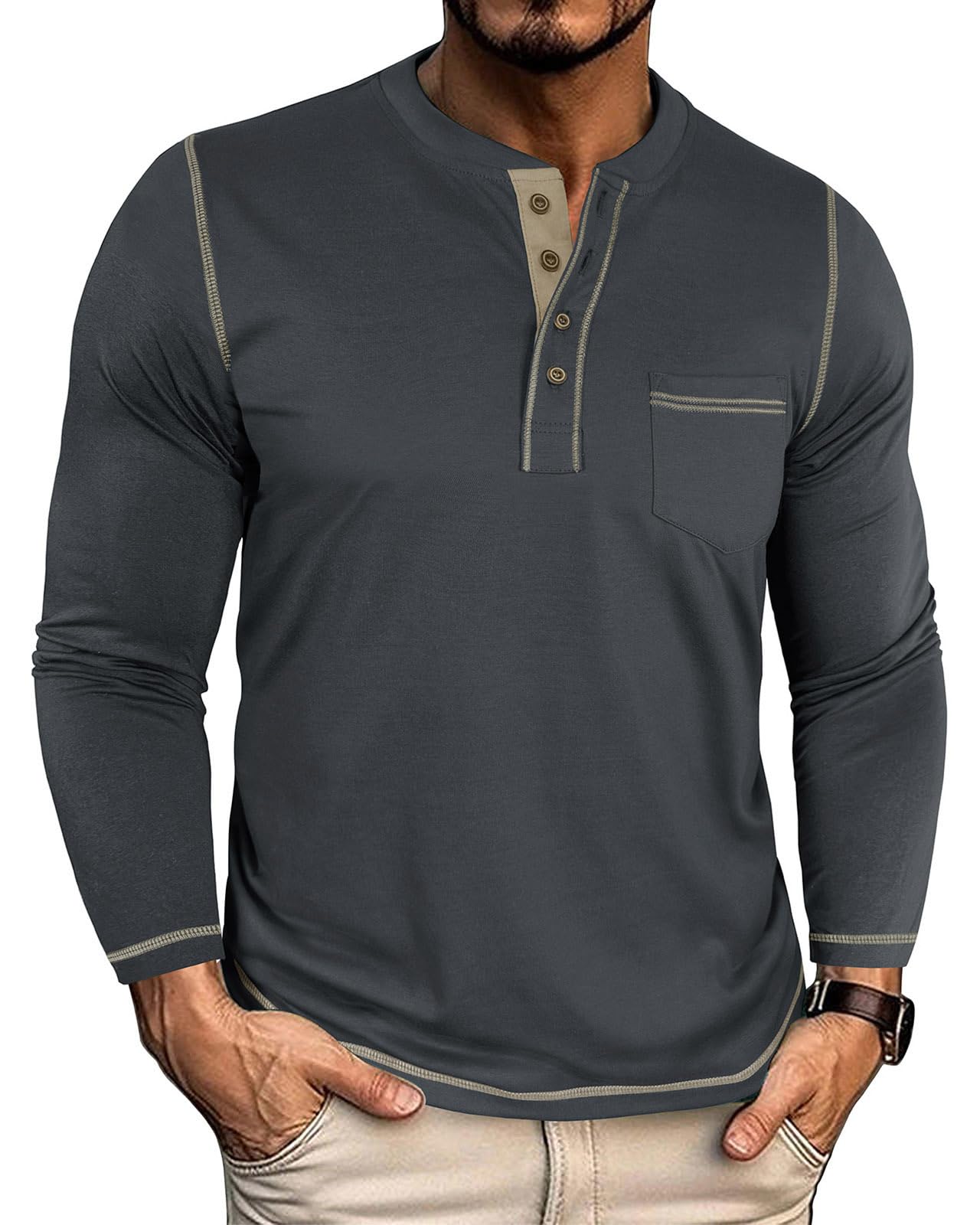 YawYews Langarmshirt Herren Longsleeve Tshirt Henley Shirt Langarm Baumwolle Männer Longshirt mit Tasche M-3XL