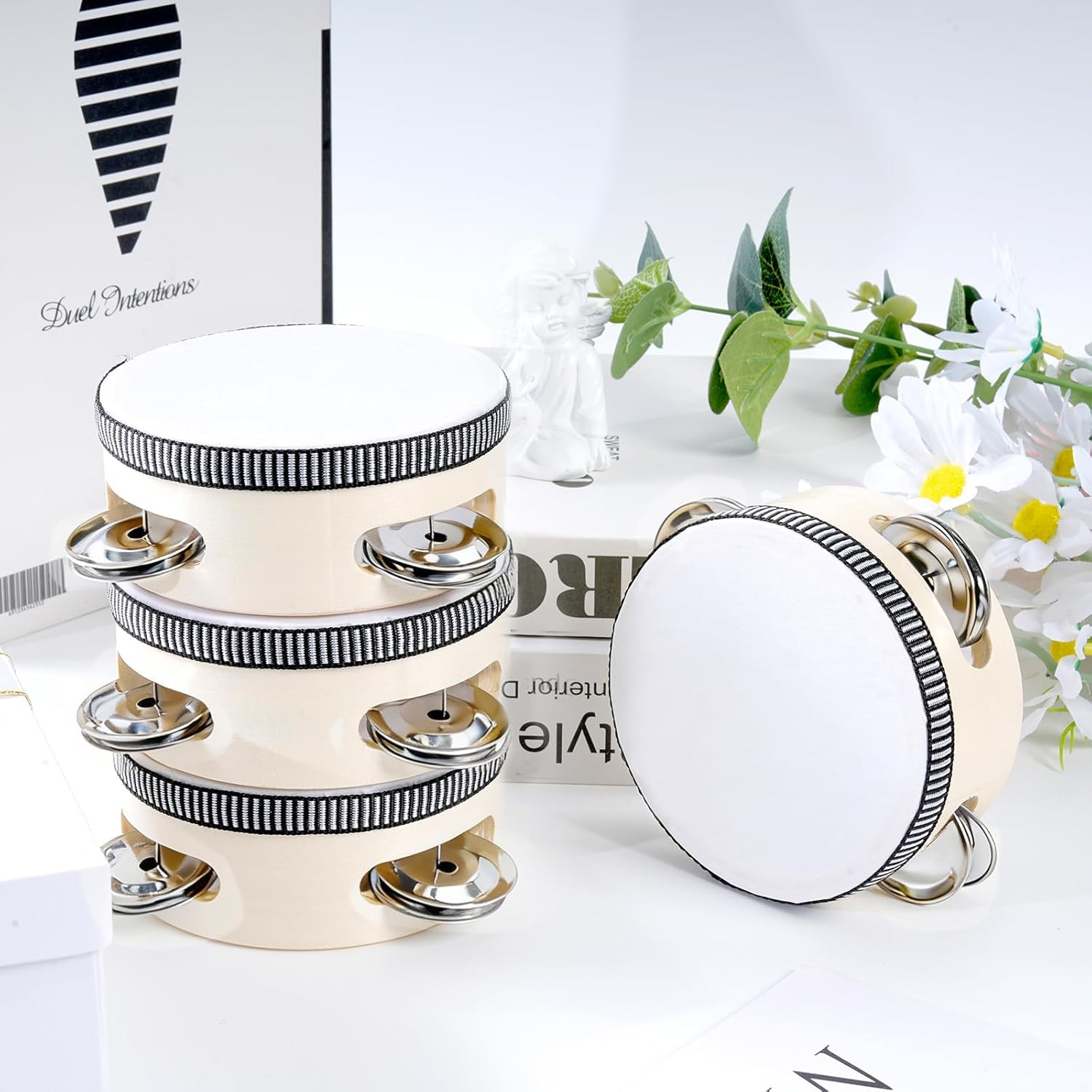 12 Set 4 Inch Wooden Tambourine for Adults, Hand Held Percussion Drum with Metal Jingles, Musical Educational Drums Instrument for Church Wedding Party Games (Wood)