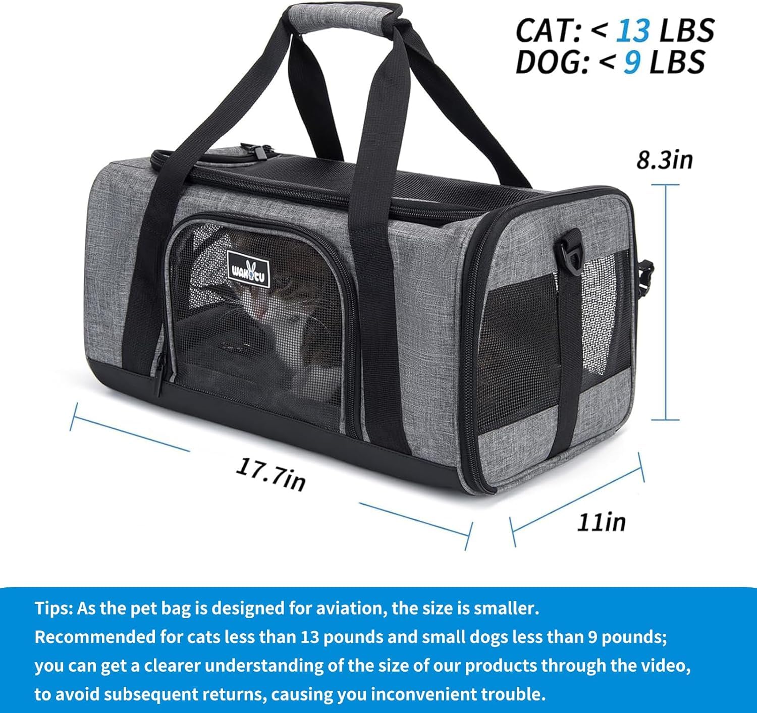 Wakytu Transporttasche für Katze Hund,Katzentransportbox Flugzeugtauglich Hochwertig, Nicht leicht verformbar und zerreißbar Hundetransportbox, bis 5 kg für Katzen und kleine Hunde