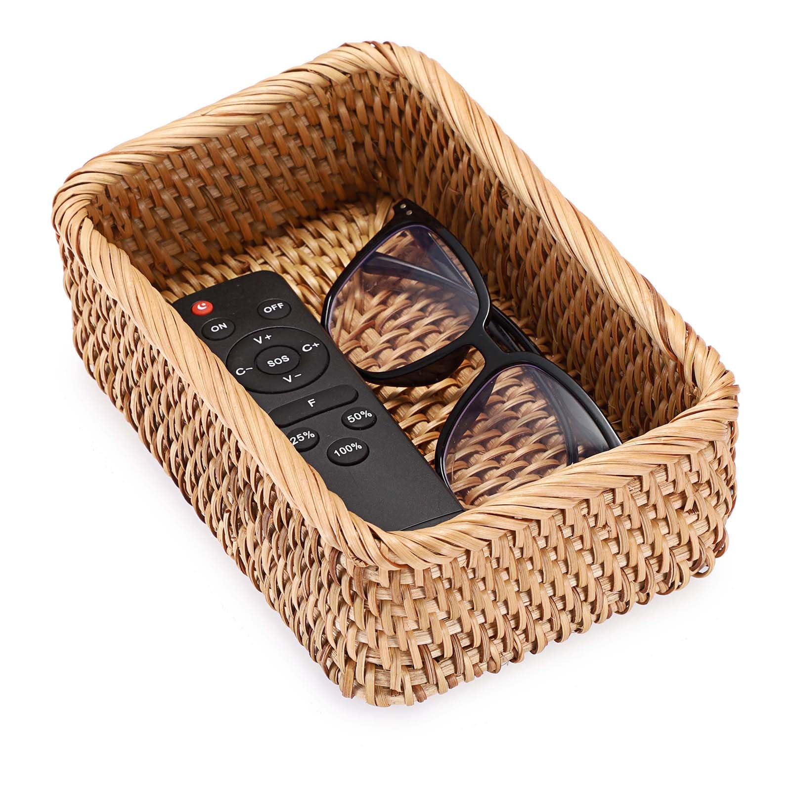 IGNPION Rattan Keys Caddy Tray, Woven Wicker Entryway Decorative Basket, Coffee Table Storage Tray for Keys, Vanity, Candle, Ornament, Perfume (Natural Yellow, 20x13x6.5cm)