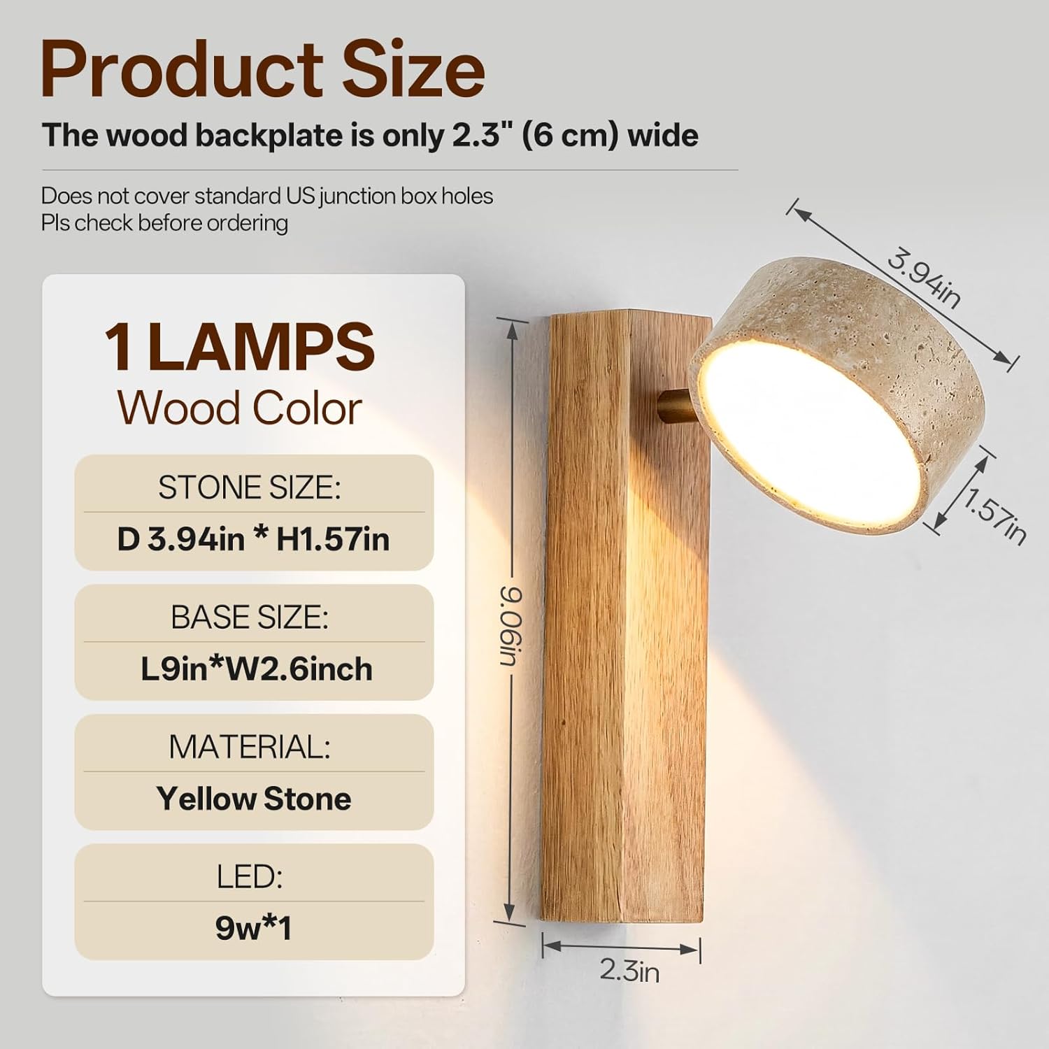 Natural Travertine Wall Sconce, 1-Light Solid Wood Japandi Bathroom Vanity Light, Organic Modern Minimalist Stone Bedside Reading Lamp for Powder Room, Hallway & Mirror Side