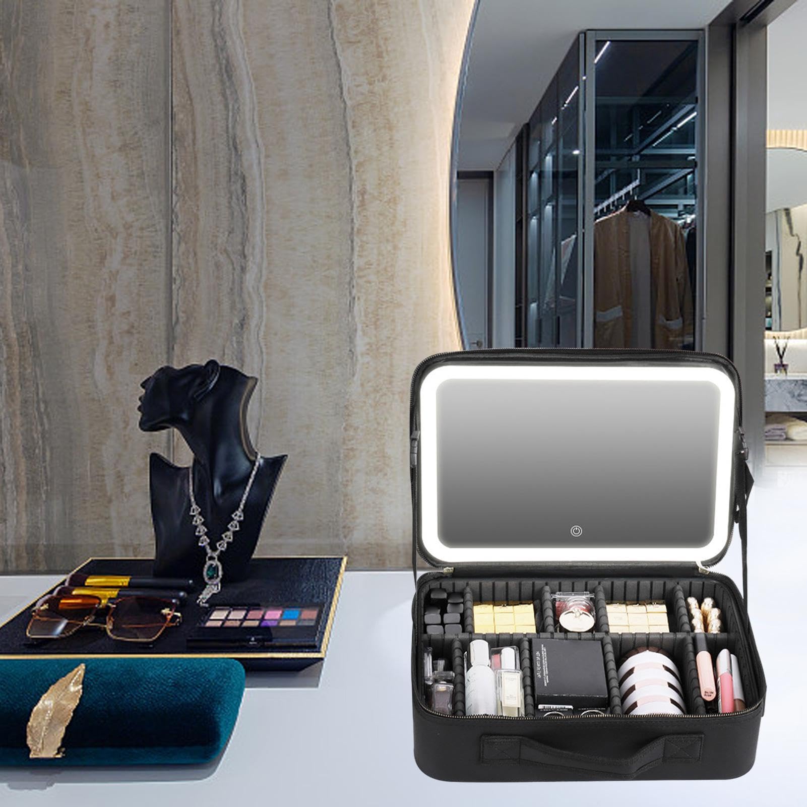 Neceser portátil – Estuche de Maquillaje de Viaje para Mujer, Estuche de | Maquillaje con Cremallera, portátil a Prueba de Polvo con Espejo y Luces, Varios Compartimentos, Negro, Small, Consulte