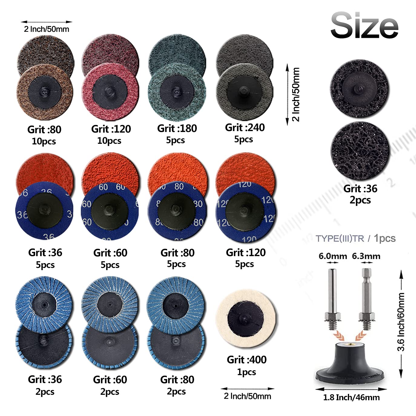 NYXCL 60Pcs 2 Inch Sanding Disc Set, Quick Change Disc Combination, 1/4 Inch Hold Fits Various Grinder. Widely Used for Surface Conditioning, Striping, Polishing, Finishing and Rust Paint Removal