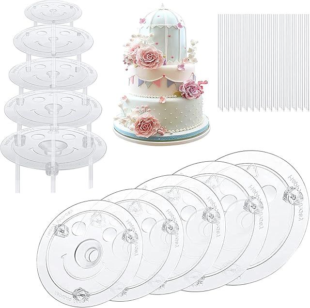 Cake Separator Plates, Cake Dowel Rods Set with 15pc Cake Dowels and 5 Tier Cake Separator Plates 4/6/8/10/12 inch for Stacked Tiered Decorating Wedding Birthday Cakes