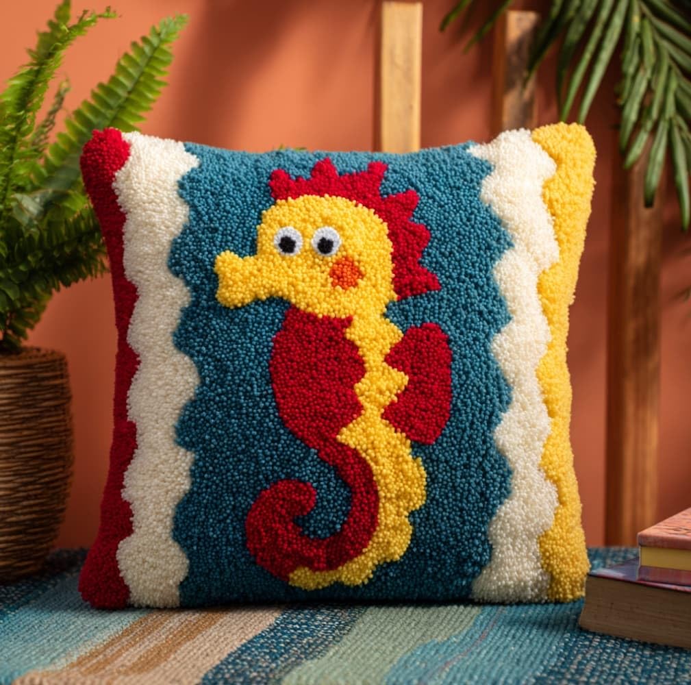 AxiangziK Latch Hook Kit for Adults 43x43cm,Cartoon Seahorse DIY Pillow & Rug Craft Kit for Beginners,Handmade Yarn Art,Relaxing Home Sofa Decor Gift,17x17in