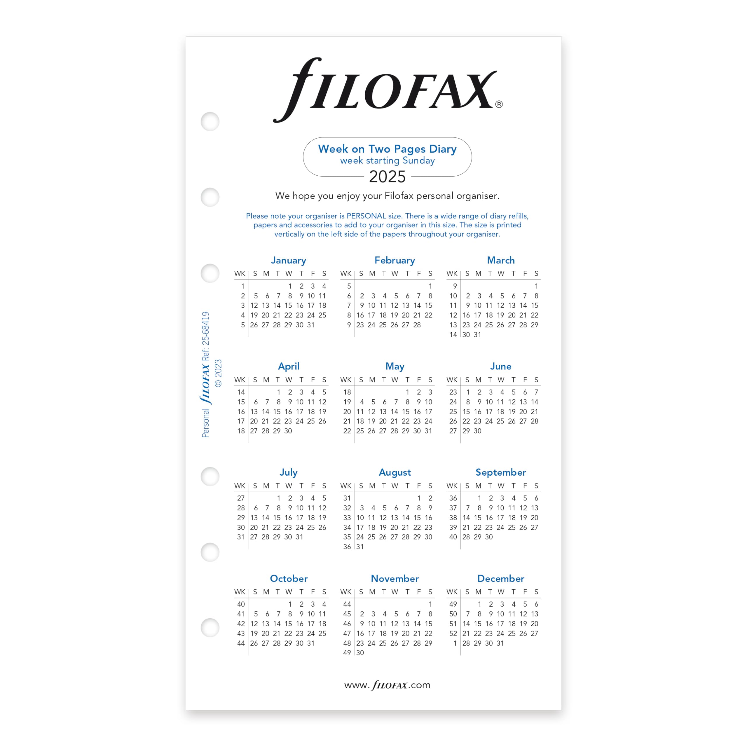 Condition photo showing New/Like New for Filofax Calendar Diary Refill, Personal/Compact Size, Week-to-View with Notes Section, Sunday to Saturday, White Paper, Unruled, English, 2025 (C68419-25)