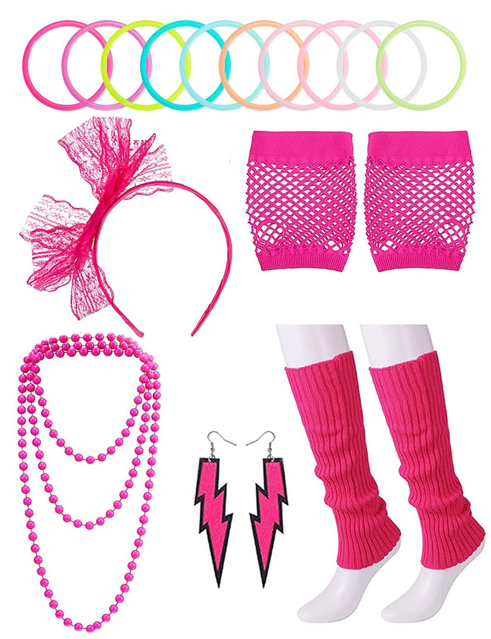 80s Accessories for Women，Retro 80s Lace Headband Bracelet Fishnet Gloves Necklace Earrings Leg Warmers for Women 80s Party, L