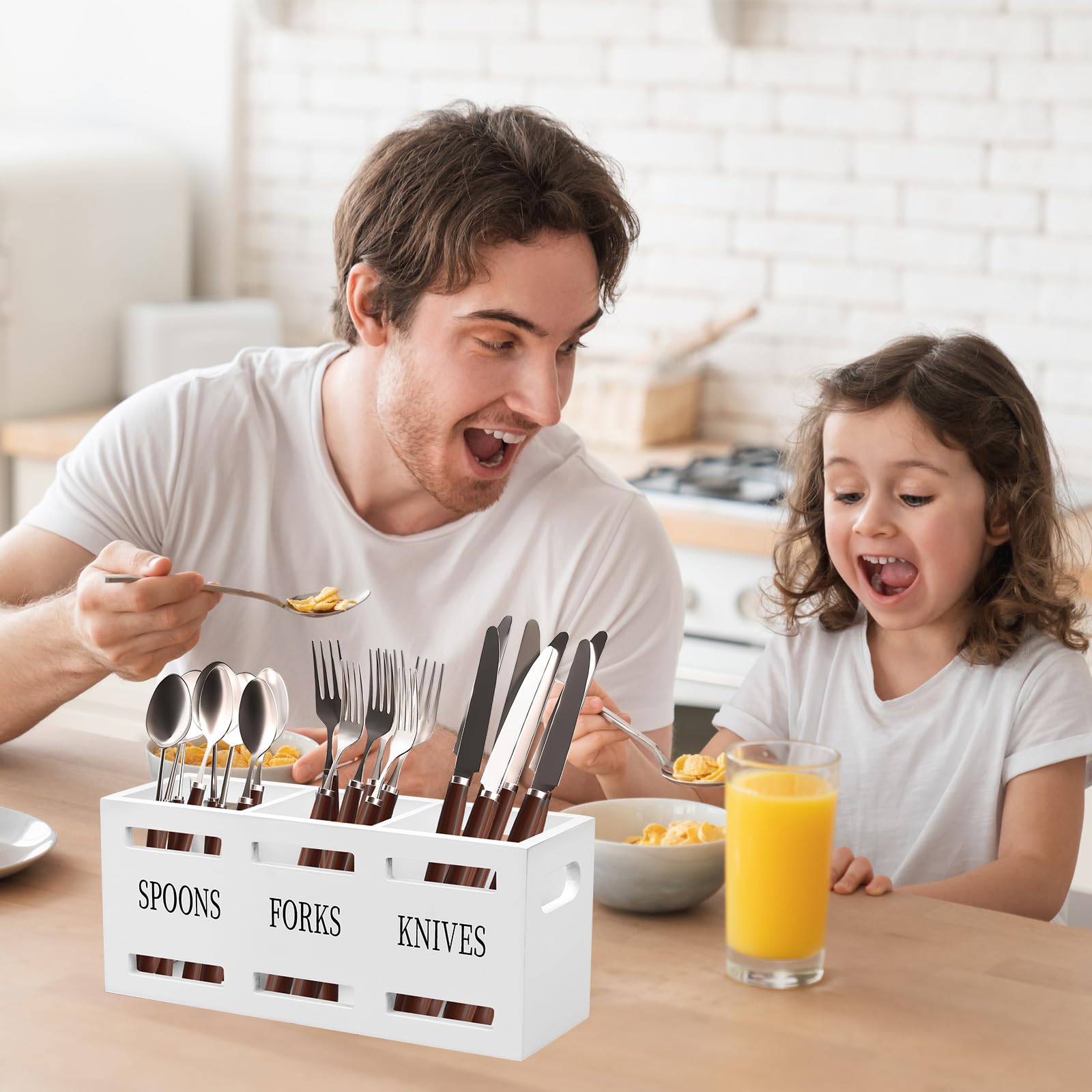 GAESHOW Portautensili da Cucina in Legno a 3 Scomparti, Porta Utensili Da Cucina, Organizer per Utensili, Portautensili per Cucchiaio Forchetta Bacchette, 25,5 X 8,7 X 11 cm (Bianco)
