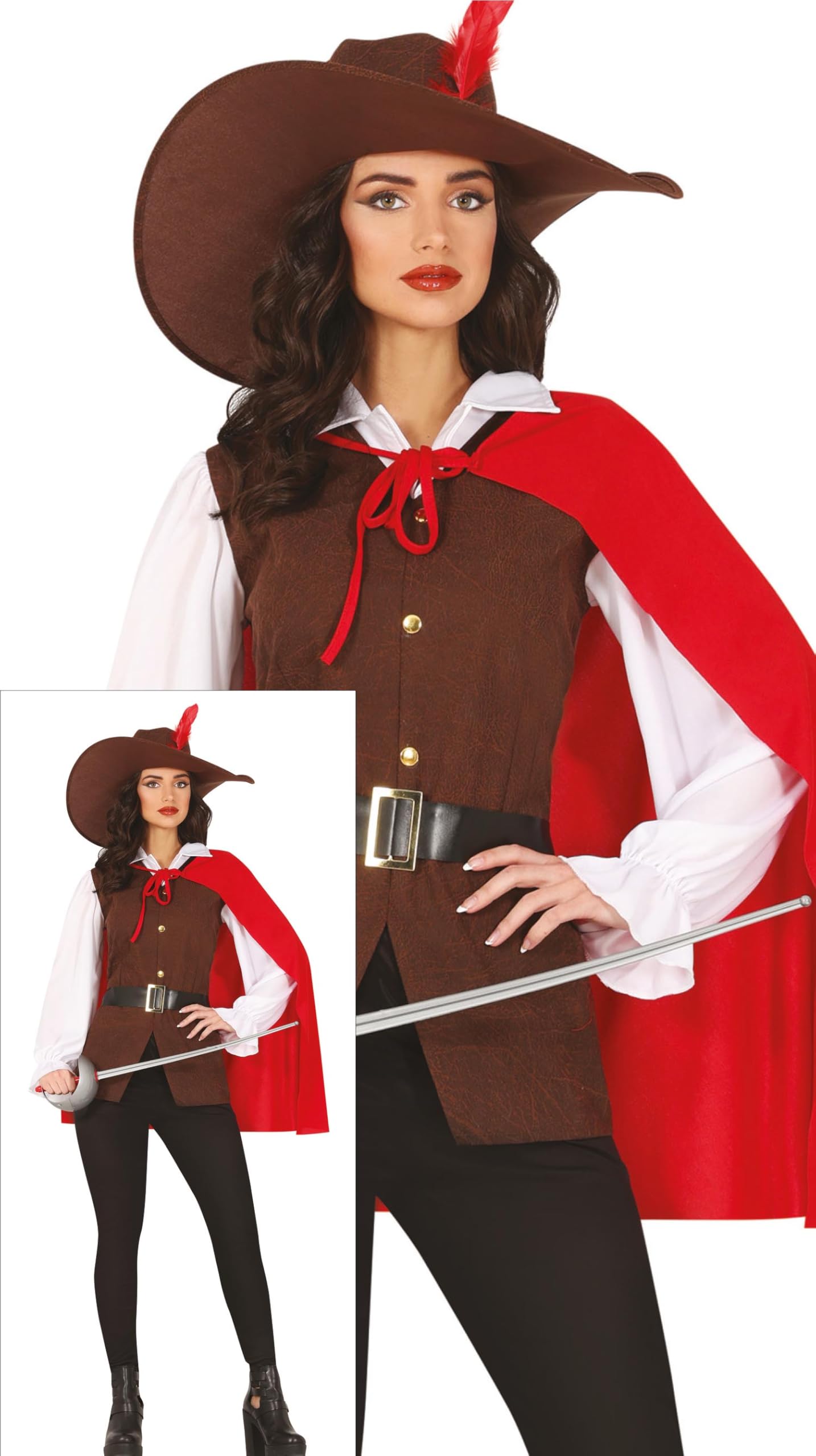 FIESTAS GUIRCA Red Musketeer Fancy Dress Women - Fancy Dress Costumes for Women with Musketeer Hat Size L