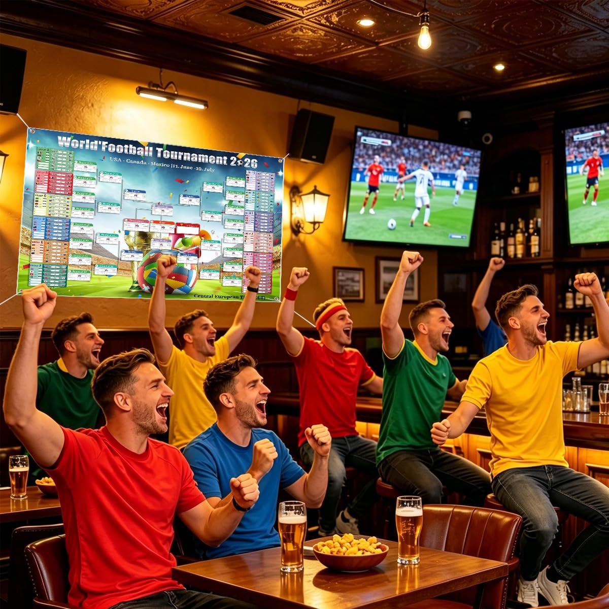 Póster de Calendario de la Copa del Mundo 2026,150x100 cm,con pegatinas de corrección de cuerda para colgar,Incluye 48 Equipos Participantes e Info de Partidos,para Salón Bar Fiesta (150x100)