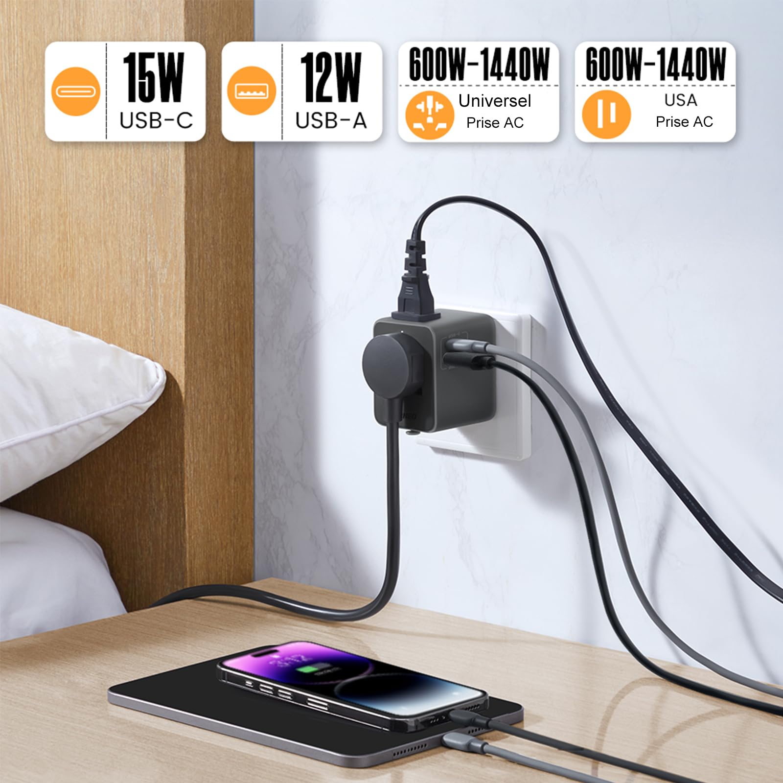 Adaptateur De Voyage Universel GONEO - Avec Ports USB A Et USB C - Gris - NEUF