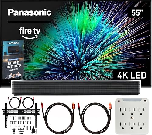 Panasonic TV-55W70BP Serie W70 LED 4K Ultra HD Smart Fire TV de 55 pulgadas con barra de sonido Bluetooth, soporte de pared para TV, adaptador de