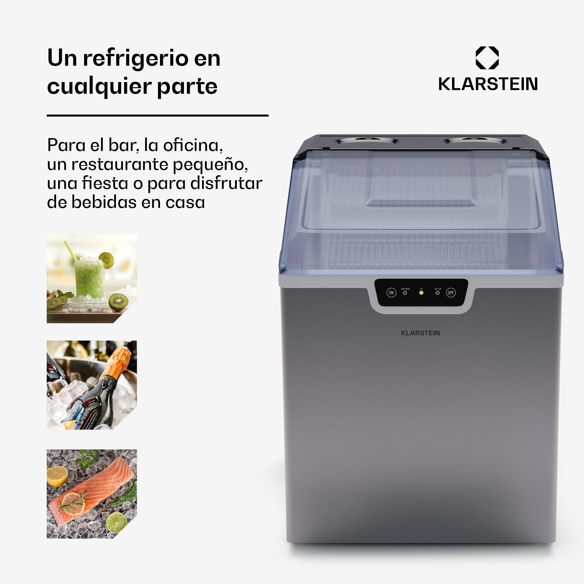 Klarstein Maquina de Hielo para Casa 3,3 L, Ice Maker Capacidad 18 kg, Maquina para Hacer Cubitos de Hielo Encimera Casa con Alarma Seguridad, Ice Maker Machine para Hielos Rápida para Cubito Hielo