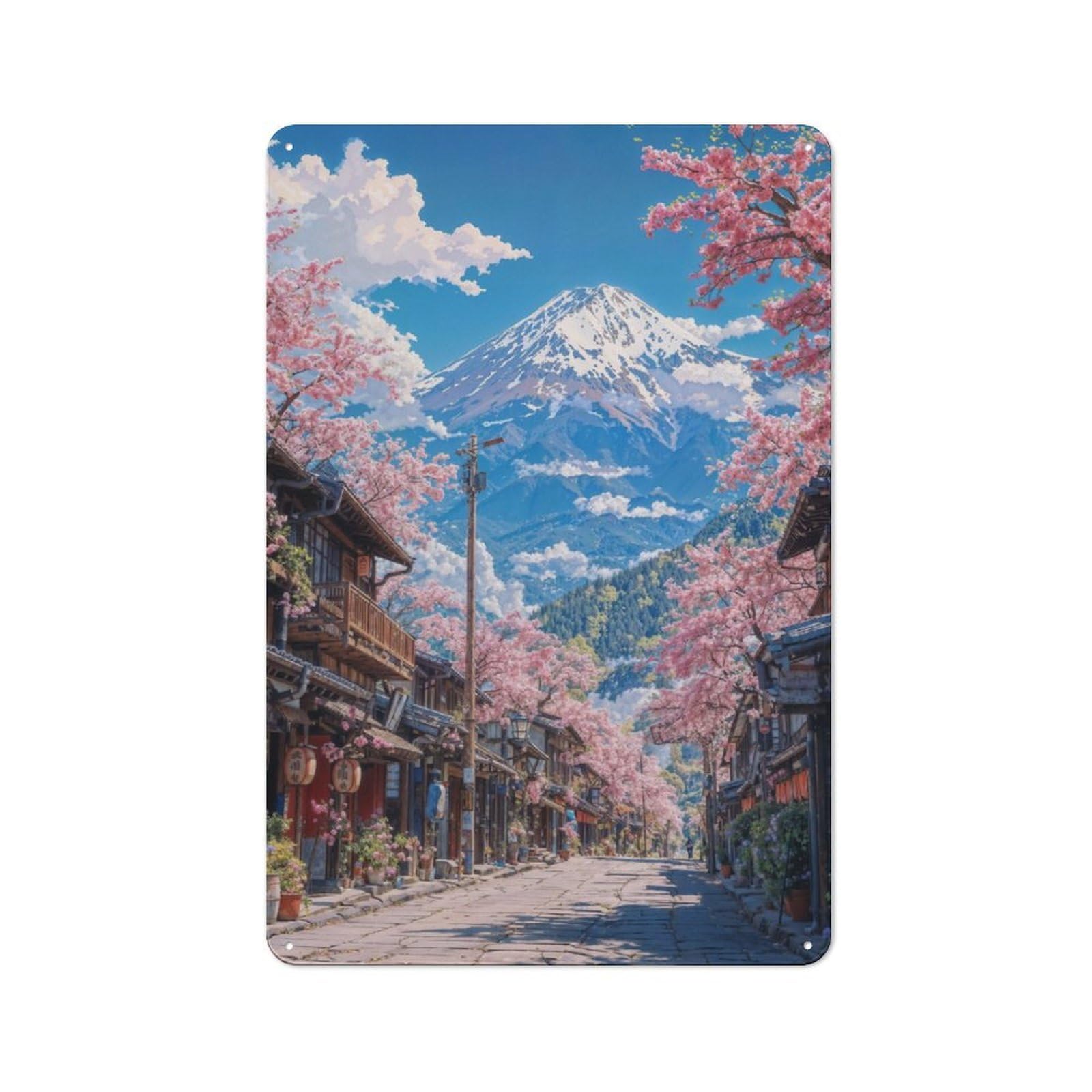 Junmoney Japanese Sakura Bloom Fuji Metal Plaque 30X20cm With For Home Bar Wall, Retro Decor, For Garage, Workshop And Man Cave Decoration