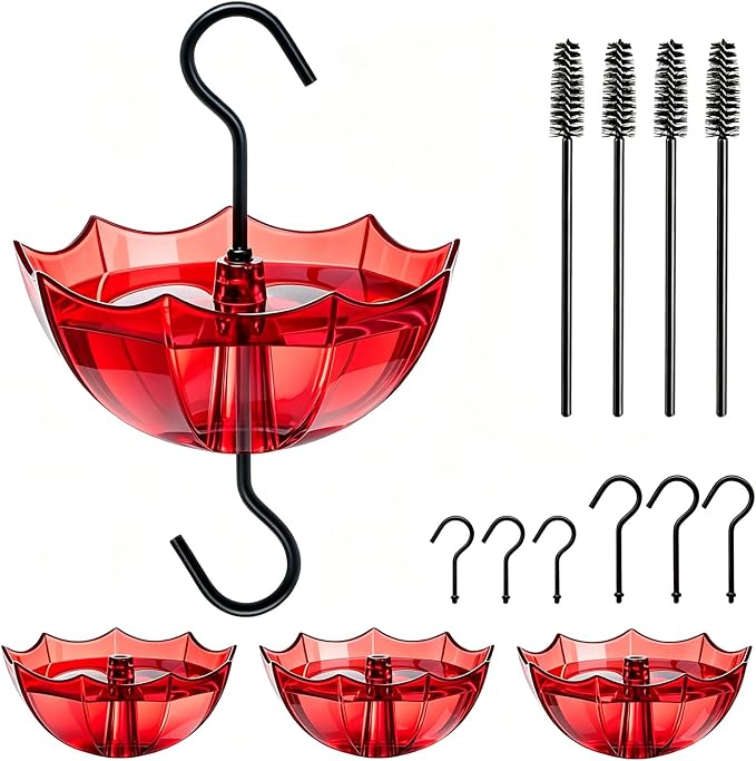 Red umbrella design ant moat for hummingbird and oriole feeders, 4-pack with hooks