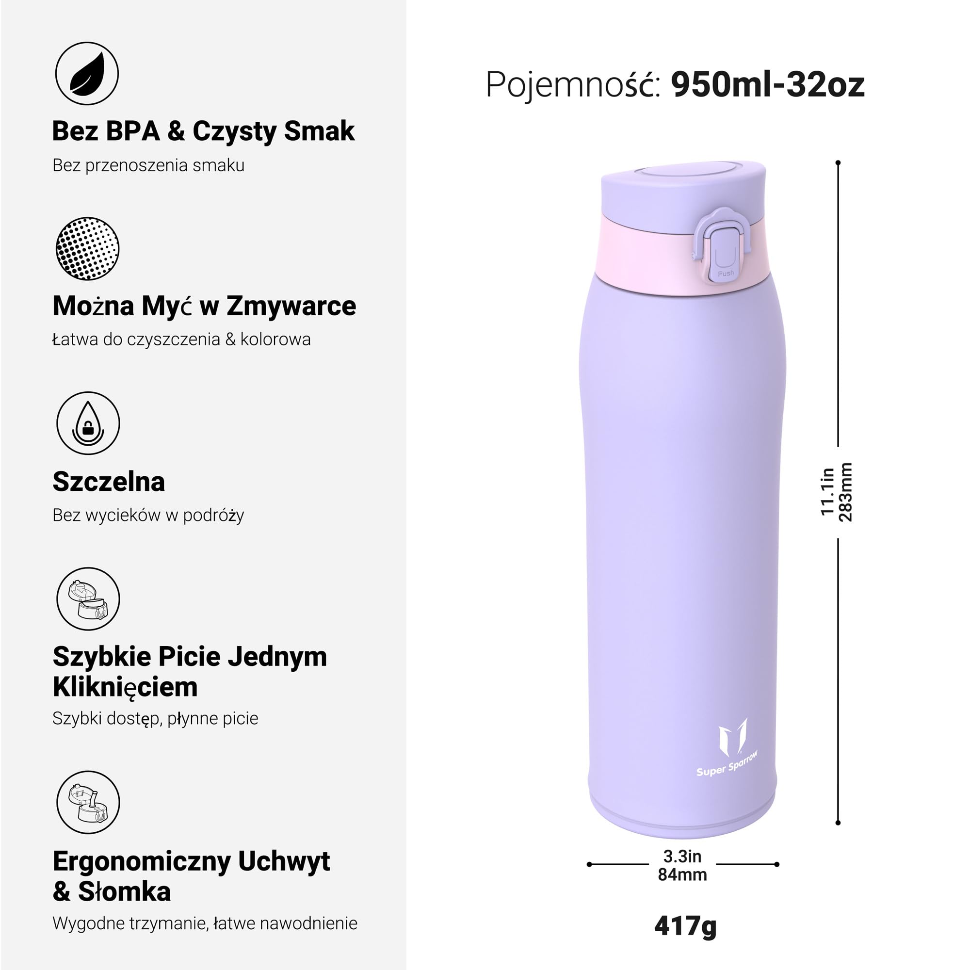 Sparrow Izolowana Butelka na Wodę 950ml Bidon Stali Nierdzewnej | Zawiera 2 Nakrętka (Słomką i Ustnikiem), Nieprzeciekająca Butelka, Bez BPA, Zmywarkodporna, TwinSip, Sport, Kemping