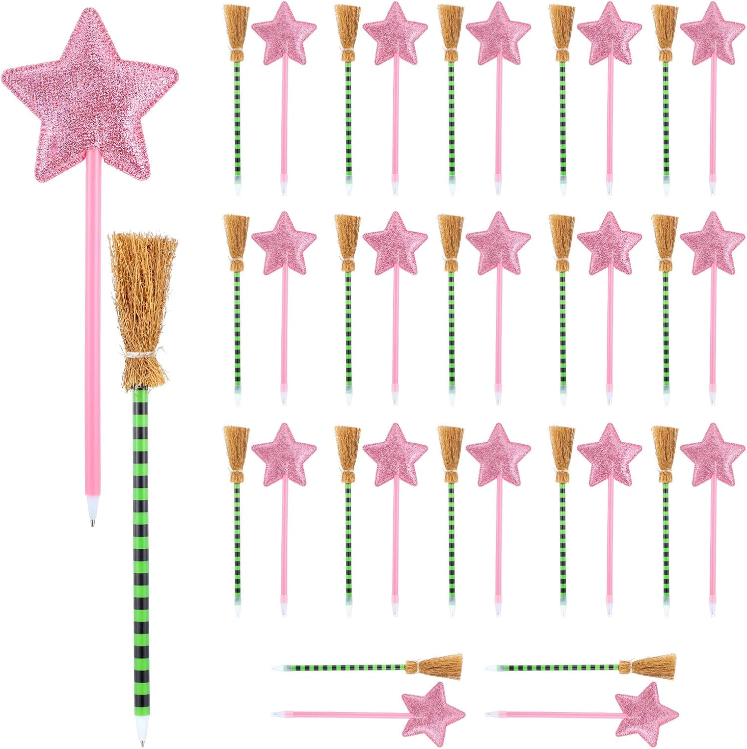 36 Pack Witch and Princess Party Favors Including Witch Broom Pens and Pink Star Ballpoints Pink and Green Favors for Halloween Party Supplies Decorations Goodie Bag