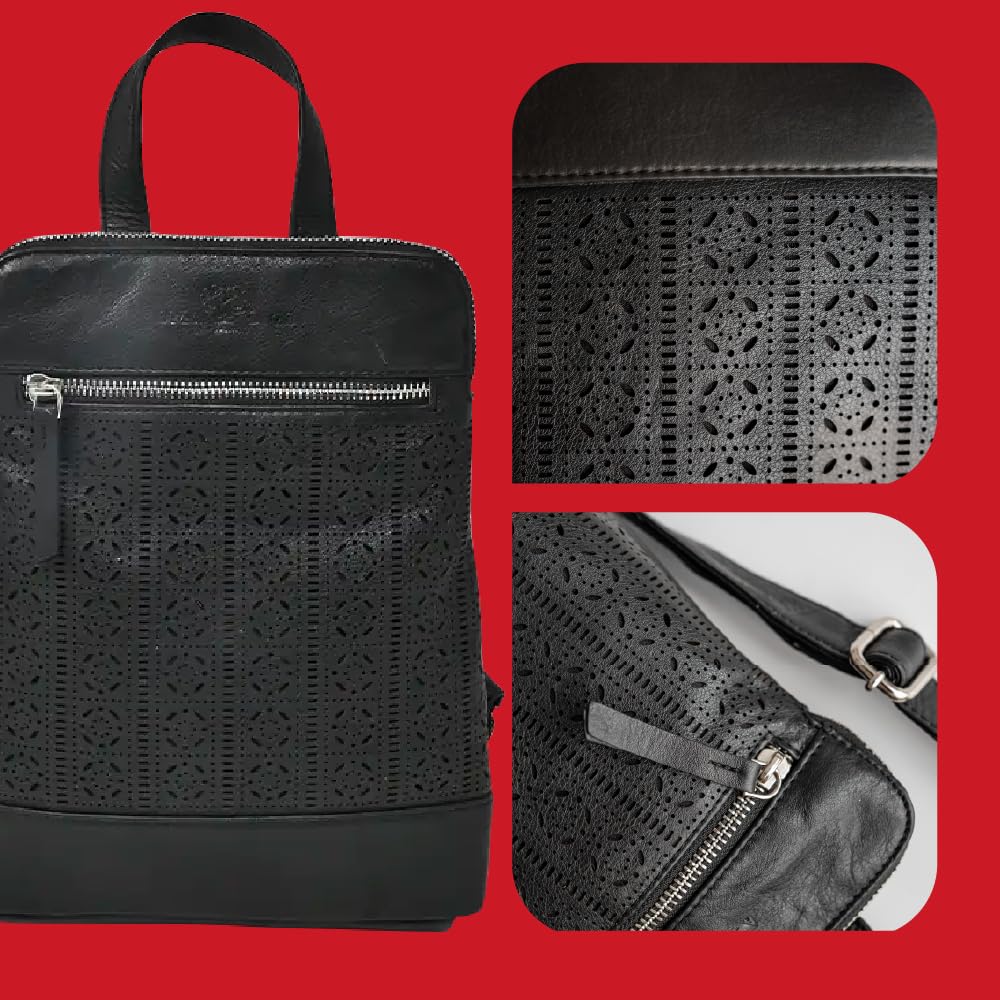 Laura Valle Mochila Piel Mujer Auténtica Modelo Flamenco – Bolso Mujer Verano Juvenil y Elegante Bolso Cuero Diseño Repujado y Bolsillo Antirrobo Seguro
