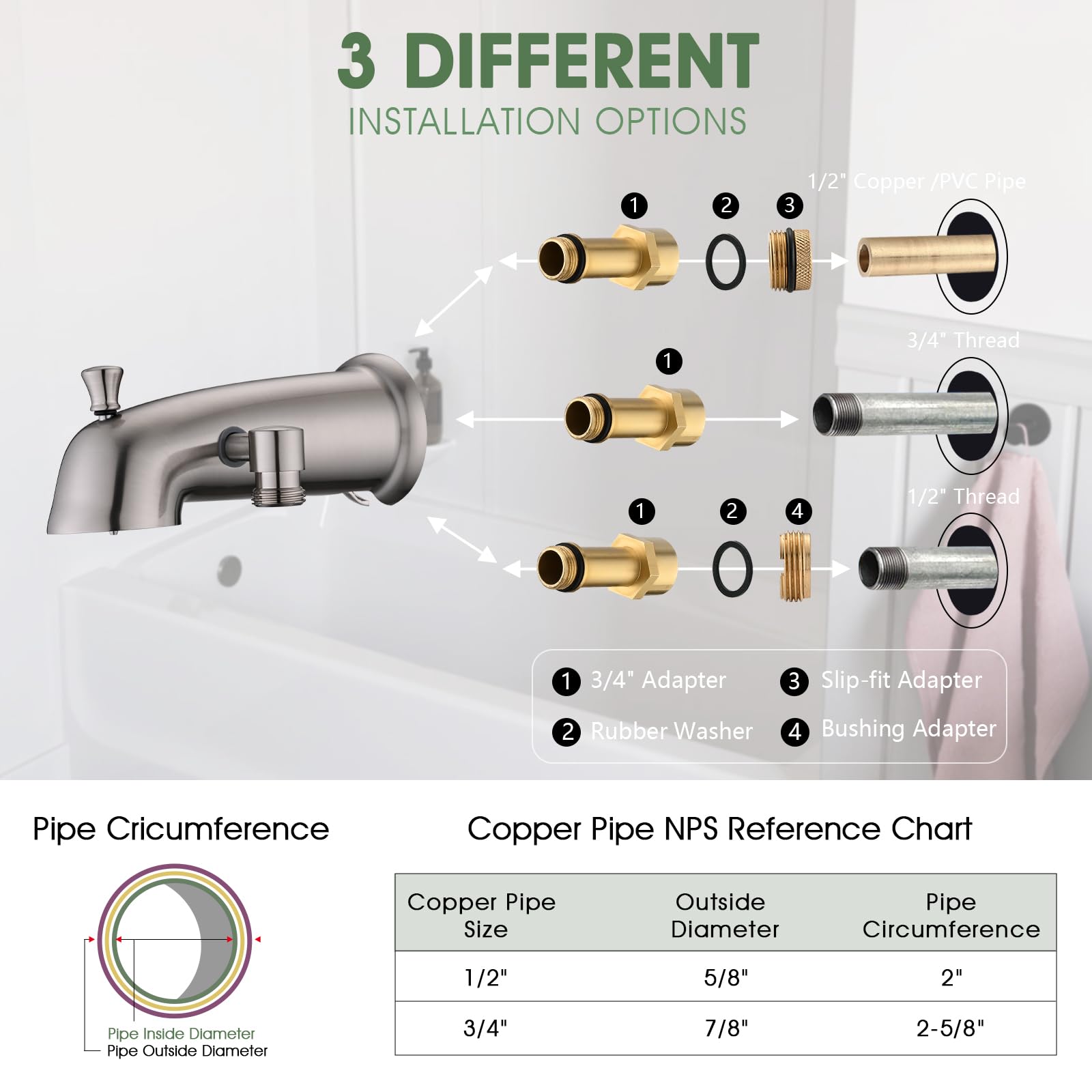 Boquilla de bañera de metal con desviador que se adapta a IPS roscado de 1/2 pulgada o 3/4 pulgadas, grifo de bañera con desviador de ducha, boquilla desviadora universal de bañera, níquel