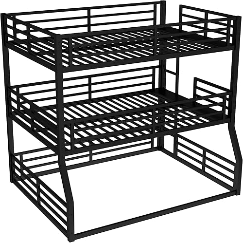 Miniatura 271 de Litera en forma de L individual sobre cama matrimonial adjunta, litera triple de metal con escritorio y tobogán integrados, marco de literas de