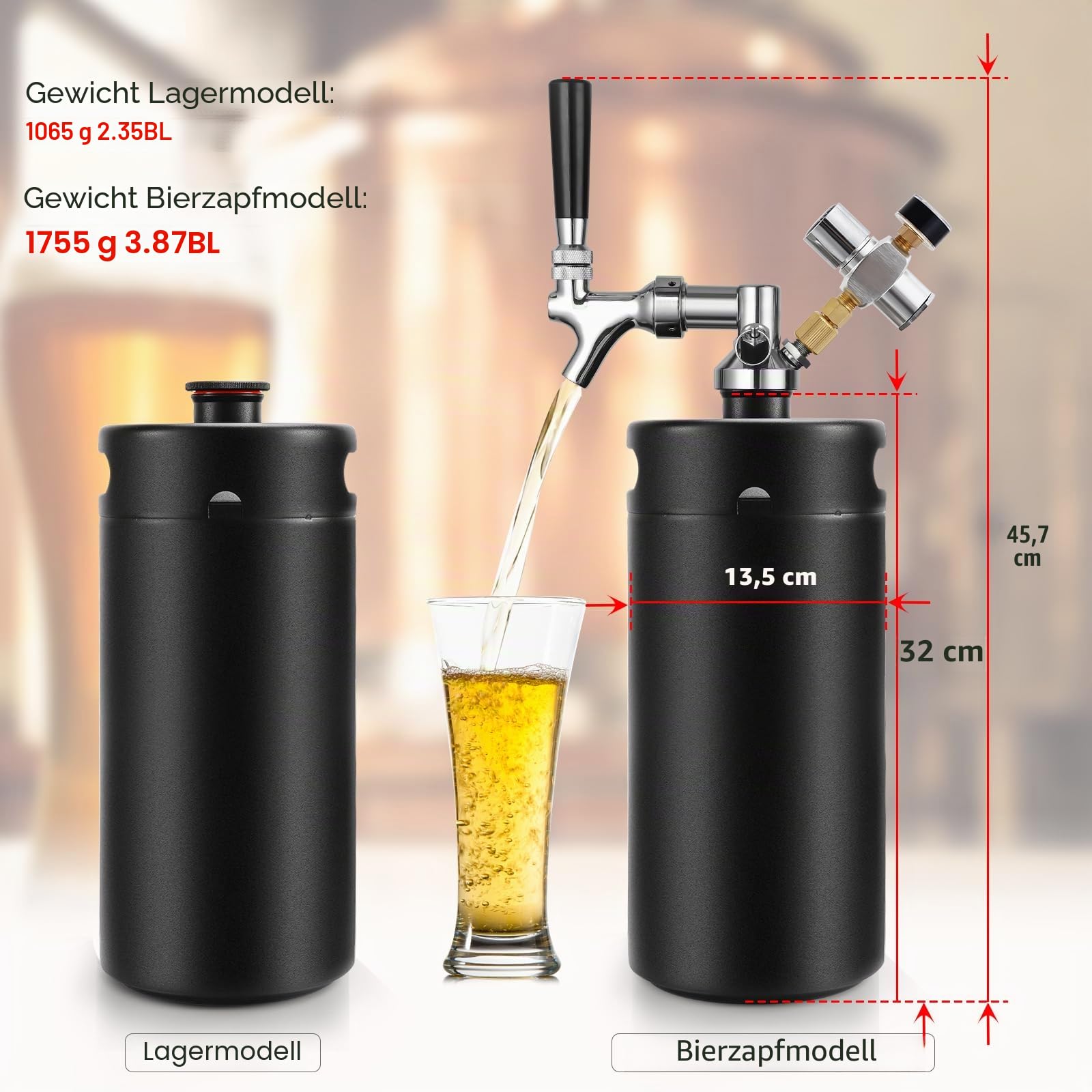 Mini-Fass-Growler, Edelstahl, tragbares Bierfass-Wasserhahn-System | CO2-Druck-Growler mit Kohlensäure, 55 PSI zum Frischhalten, Bierzapf-System für selbstgebrautes Camping, Grillen (schwarz)