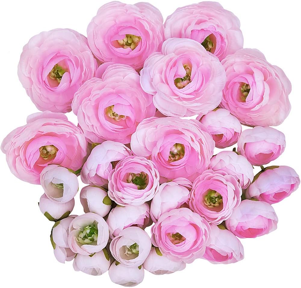 Supla 30 Pack Artificial Ranunculus Flower Heads Silk Ranunculus Buds Pink Millinery Flowers 1.5",2.2",3.1" Wide for Wedding Floral Arrangement Crowns Bouquets Hair Accessories Corsages Crafts