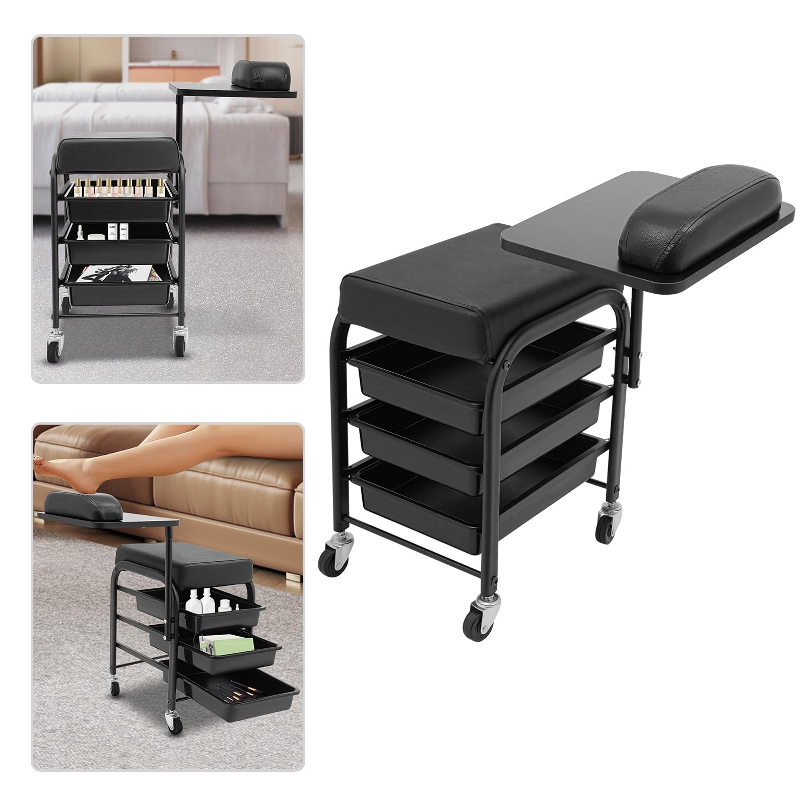 Manicure Table - Carrello per manicure con 3 cassetti e ripiano a mano a 360°, portata 75 kg, per manicure e manicure, colore: Nero