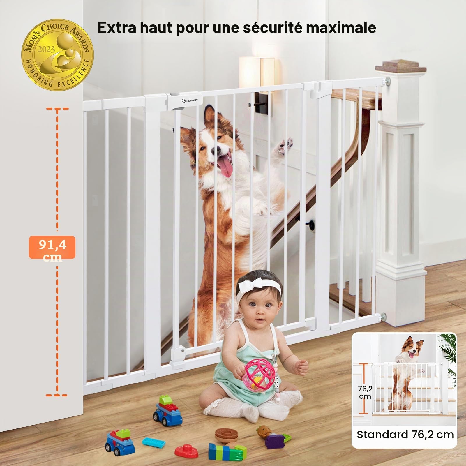 COMOMY Barriere de Securite Enfant Super Haute, 75-124cm Barriere Chien Escalier, sans Percage, Extensible, Fermeture Automatique, Monté sous Pression, Parfait pour Les Escaliers, Portes et Couloirs
