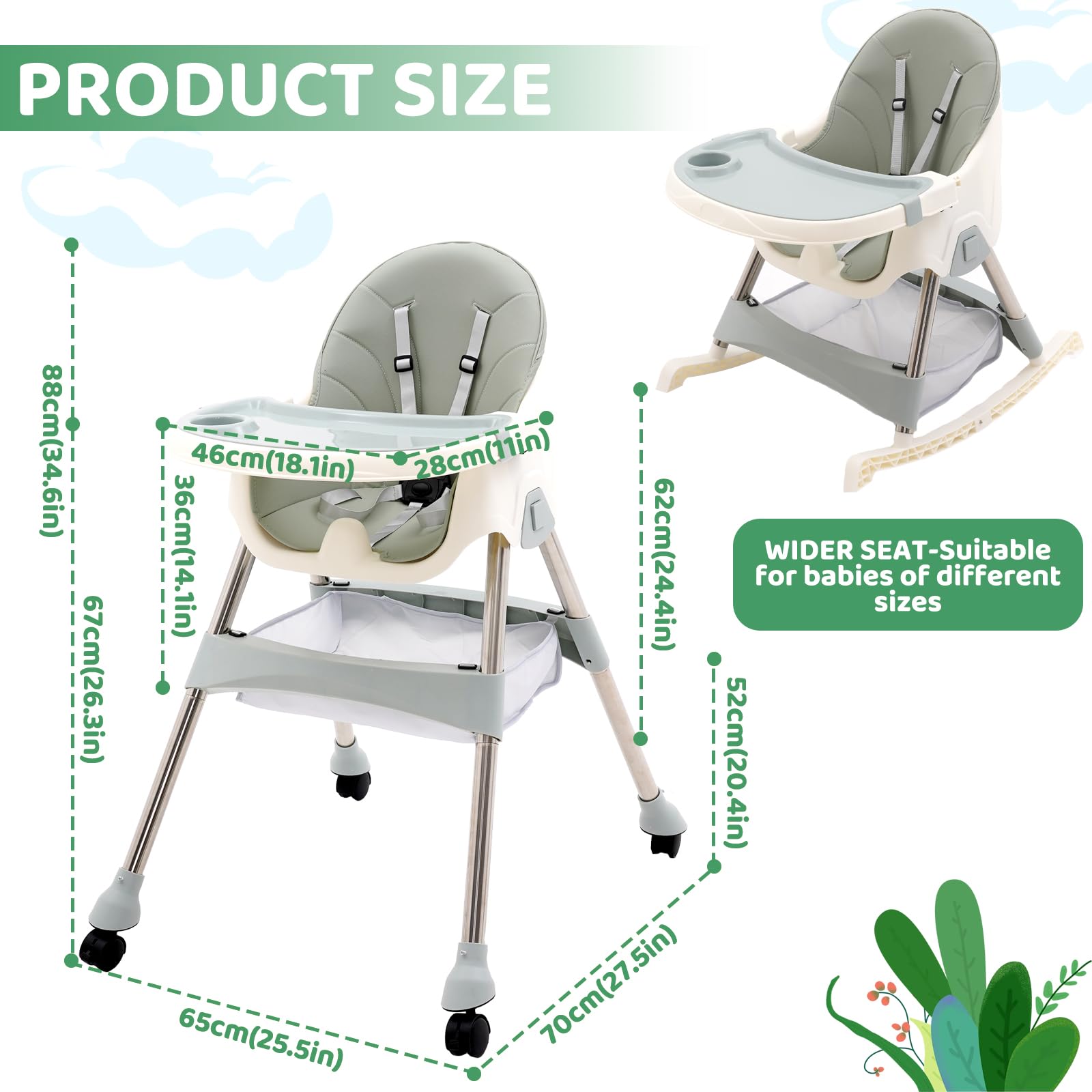 Trona Plegable para Bebé con Bandeja Extraíble y Ruedas,Altura Regulable,Combinación de Funciones para Bebés y niños Pequeños